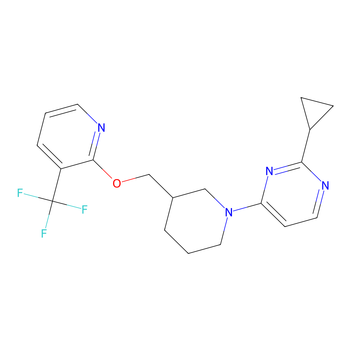 2-Cyclopropyl-4-[3-({[3-(trifluoromethyl)pyridin-2-yl]oxy}methyl)piperidin-1-yl]pyrimidine molecular structure, CAS 2379984-25-3