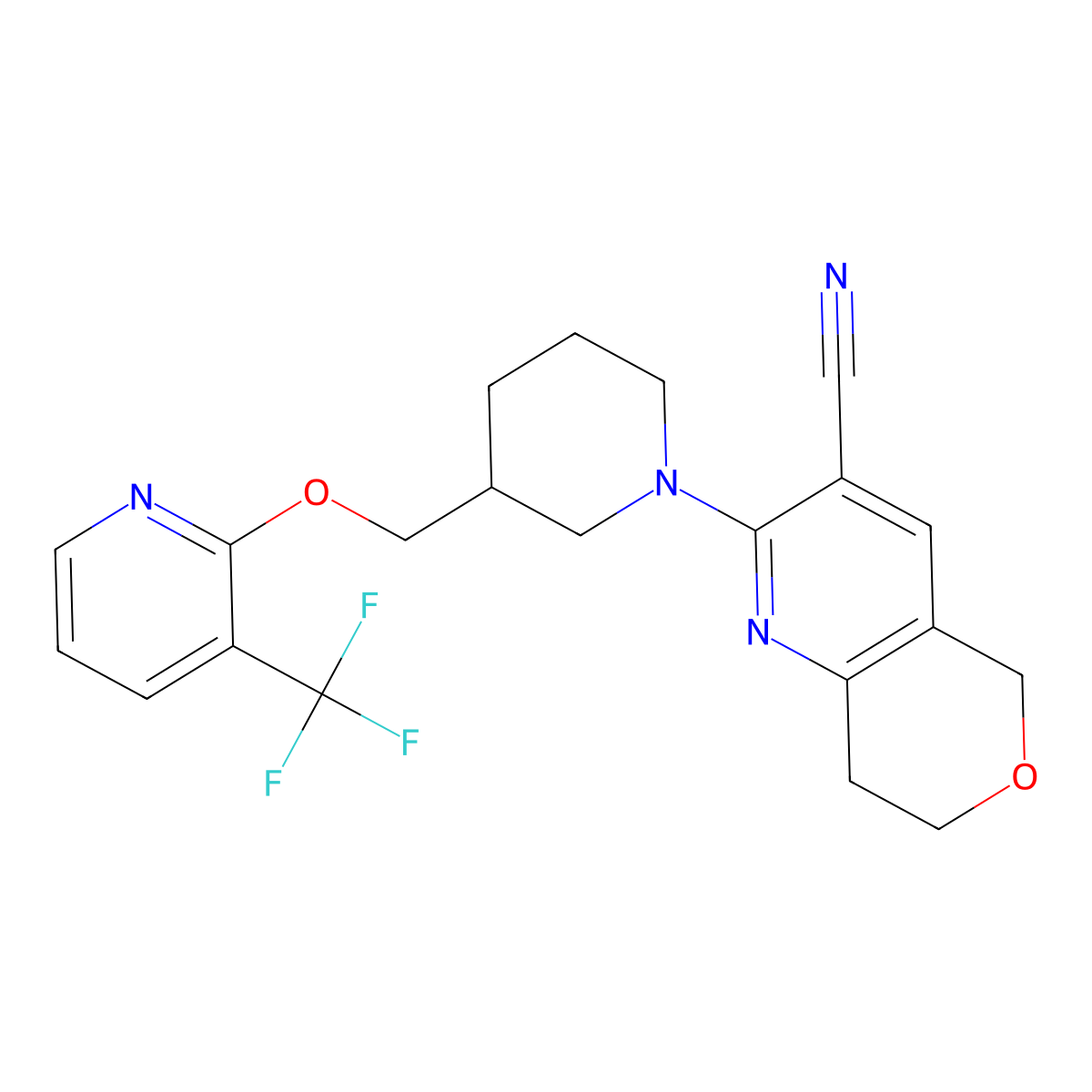 2-[3-({[3-(trifluoromethyl)pyridin-2-yl]oxy}methyl)piperidin-1-yl]-5H,7H,8H-pyrano[4,3-b]pyridine-3-carbonitrile molecular structure, CAS 2379984-31-1