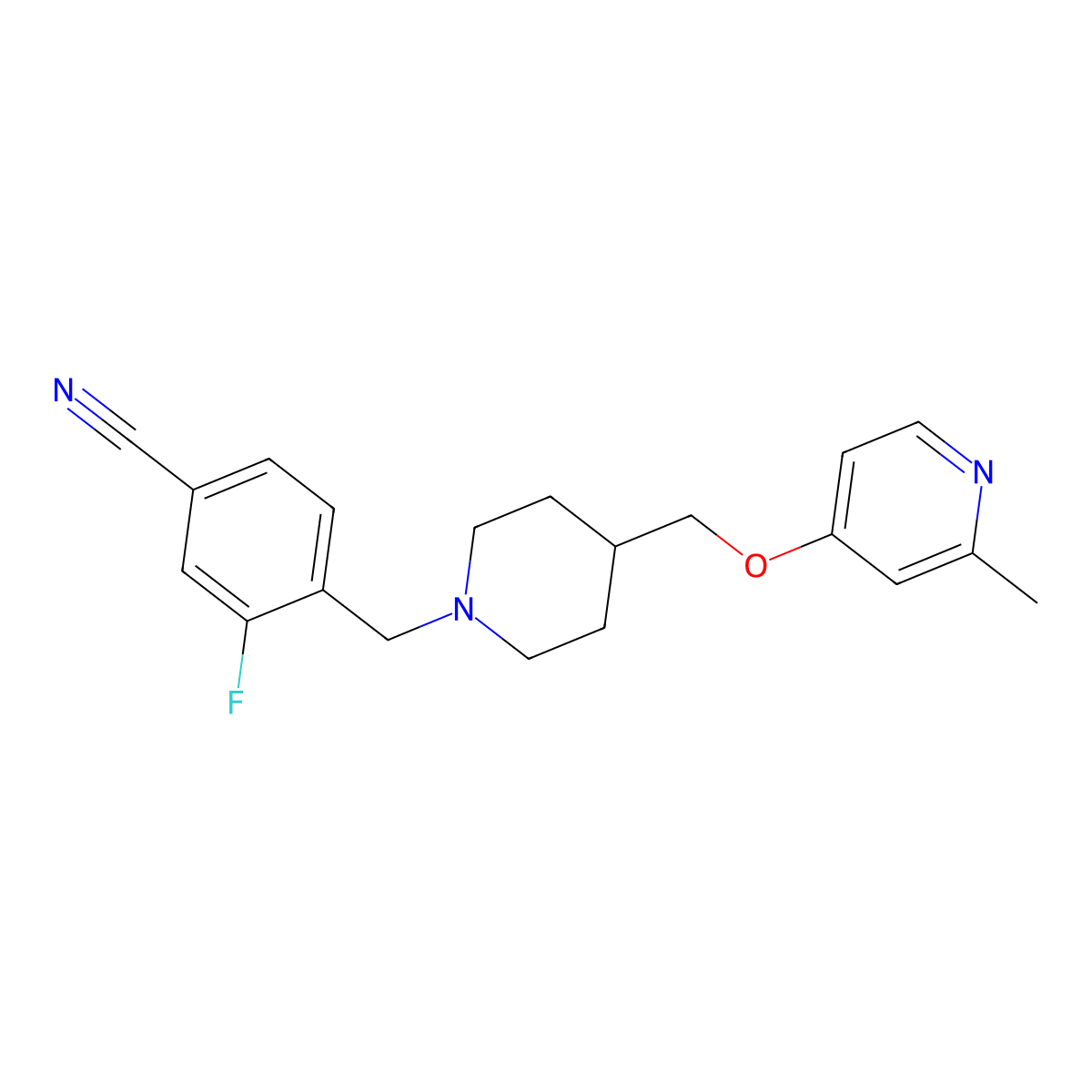 3-Fluoro-4-[(4-{[(2-methylpyridin-4-yl)oxy]methyl}piperidin-1-yl)methyl]benzonitrile molecular structure, CAS 2379984-35-5