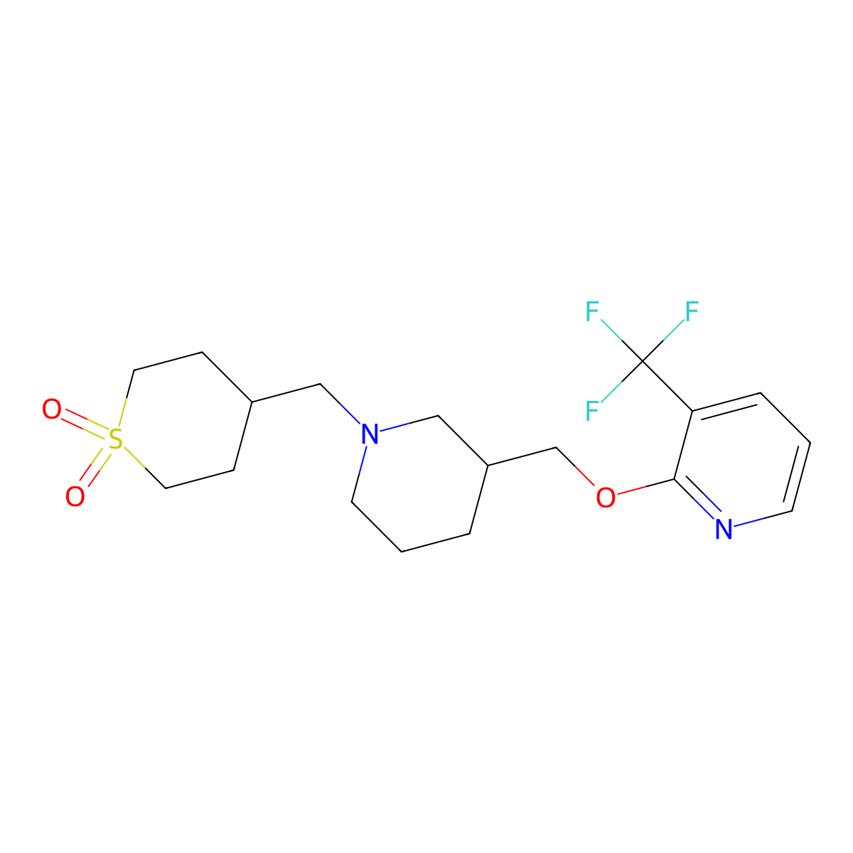 4-{[3-({[3-(Trifluoromethyl)pyridin-2-yl]oxy}methyl)piperidin-1-yl]methyl}-1lambda6-thiane-1,1-dione molecular structure, CAS 2379984-40-2