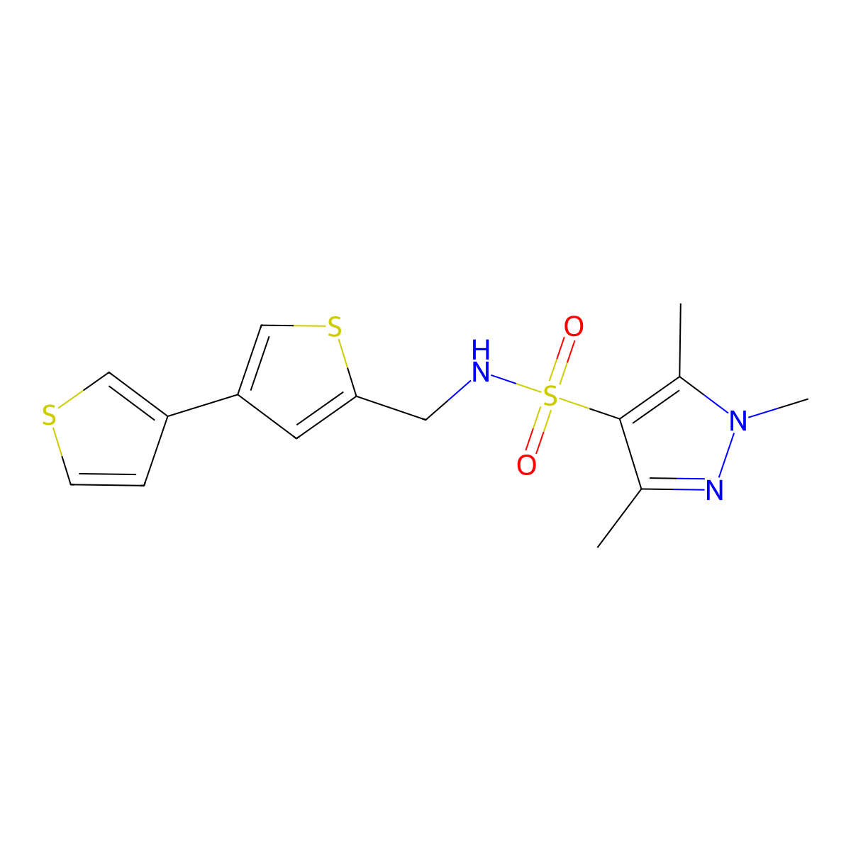 1,3,5-Trimethyl-N-[(4-thiophen-3-ylthiophen-2-yl)methyl]pyrazole-4-sulfonamide molecular structure, CAS 2379984-45-7