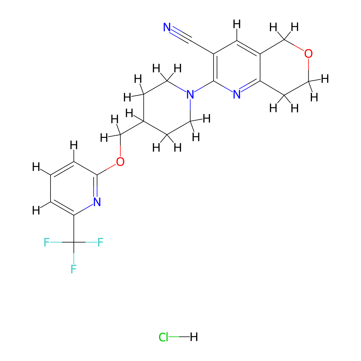 2-[4-({[6-(trifluoromethyl)pyridin-2-yl]oxy}methyl)piperidin-1-yl]-5H,7H,8H-pyrano[4,3-b]pyridine-3-carbonitrile hydrochloride molecular structure, CAS 2379984-46-8