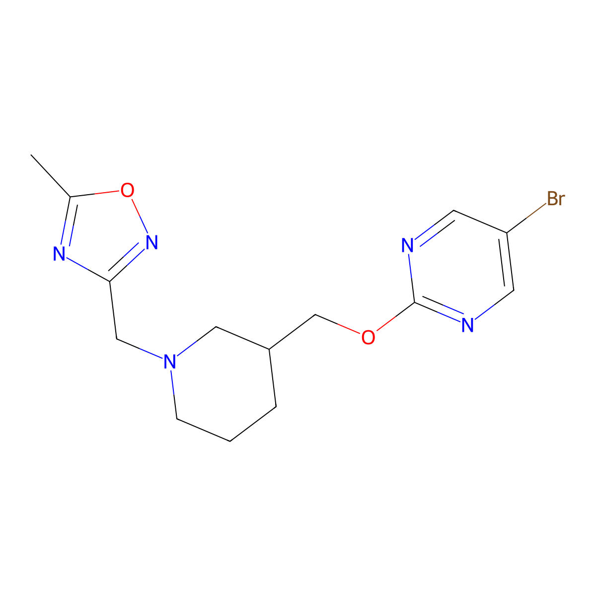 5-Bromo-2-({1-[(5-methyl-1,2,4-oxadiazol-3-yl)methyl]piperidin-3-yl}methoxy)pyrimidine molecular structure, CAS 2379984-50-4