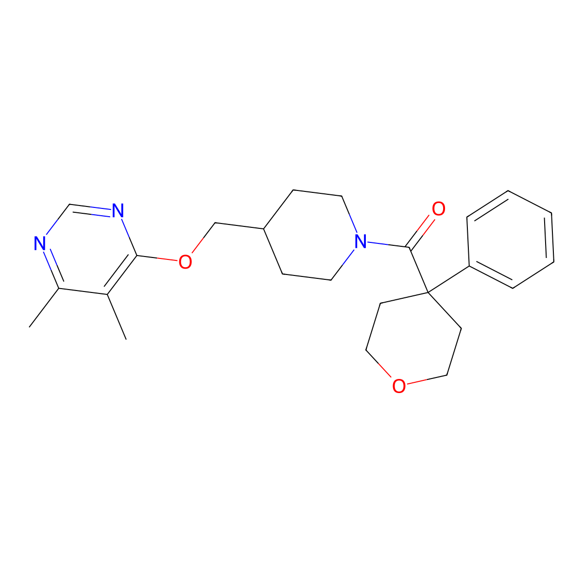 4,5-Dimethyl-6-{[1-(4-phenyloxane-4-carbonyl)piperidin-4-yl]methoxy}pyrimidine molecular structure, CAS 2379984-51-5