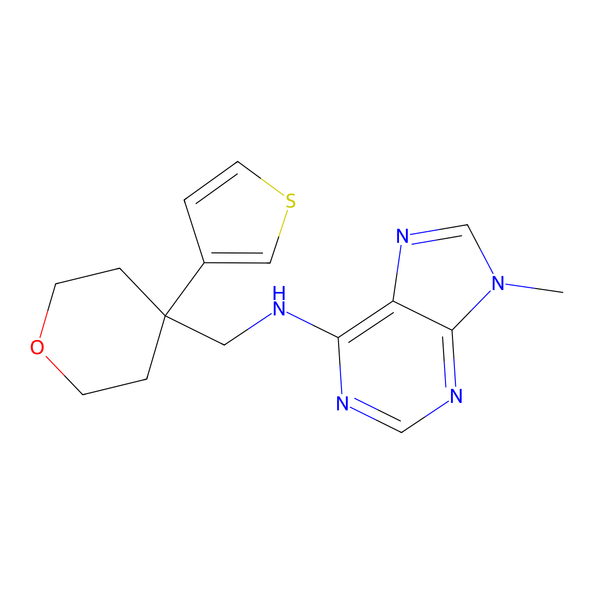 9-methyl-N-{[4-(thiophen-3-yl)oxan-4-yl]methyl}-9H-purin-6-amine molecular structure, CAS 2379984-55-9