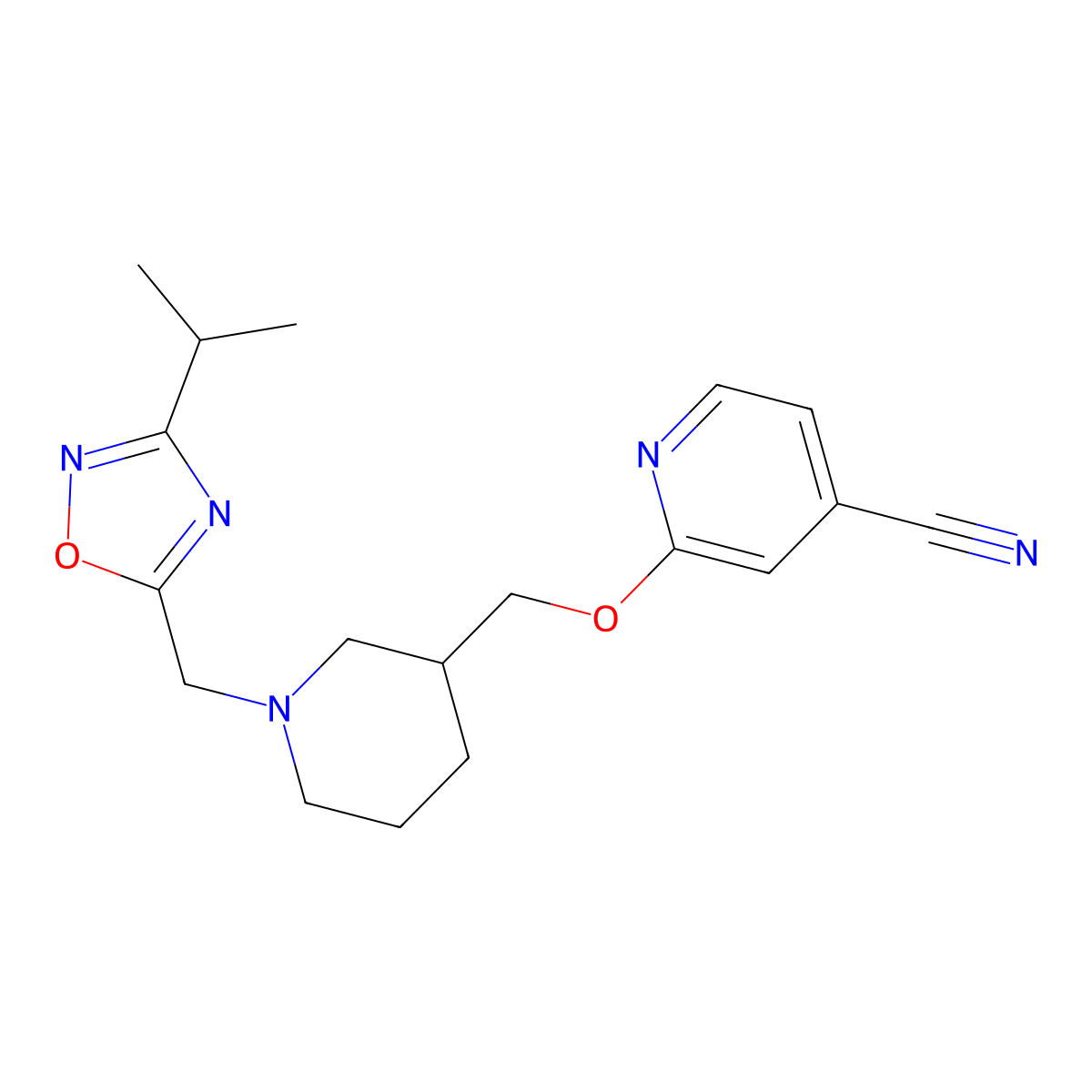 2-[(1-{[3-(Propan-2-yl)-1,2,4-oxadiazol-5-yl]methyl}piperidin-3-yl)methoxy]pyridine-4-carbonitrile molecular structure, CAS 2379984-76-4