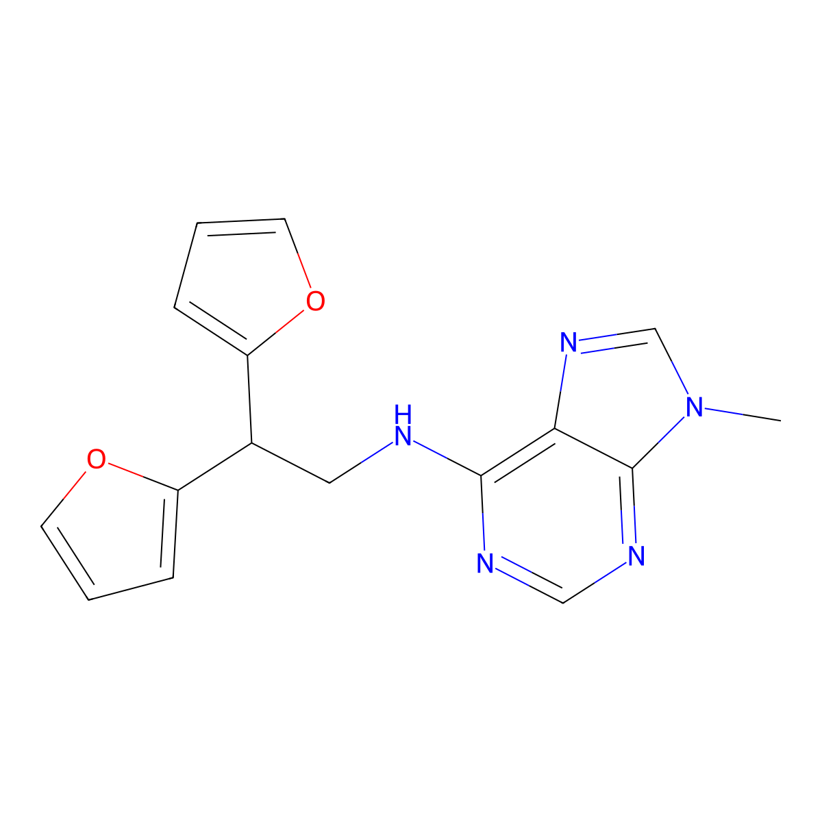 N-[2,2-bis(furan-2-yl)ethyl]-9-methyl-9H-purin-6-amine molecular structure, CAS 2379984-90-2