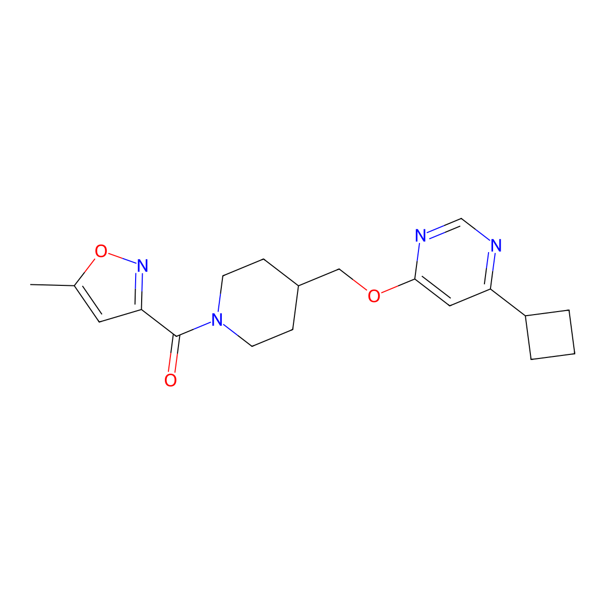 4-Cyclobutyl-6-{[1-(5-methyl-1,2-oxazole-3-carbonyl)piperidin-4-yl]methoxy}pyrimidine molecular structure, CAS 2379984-96-8