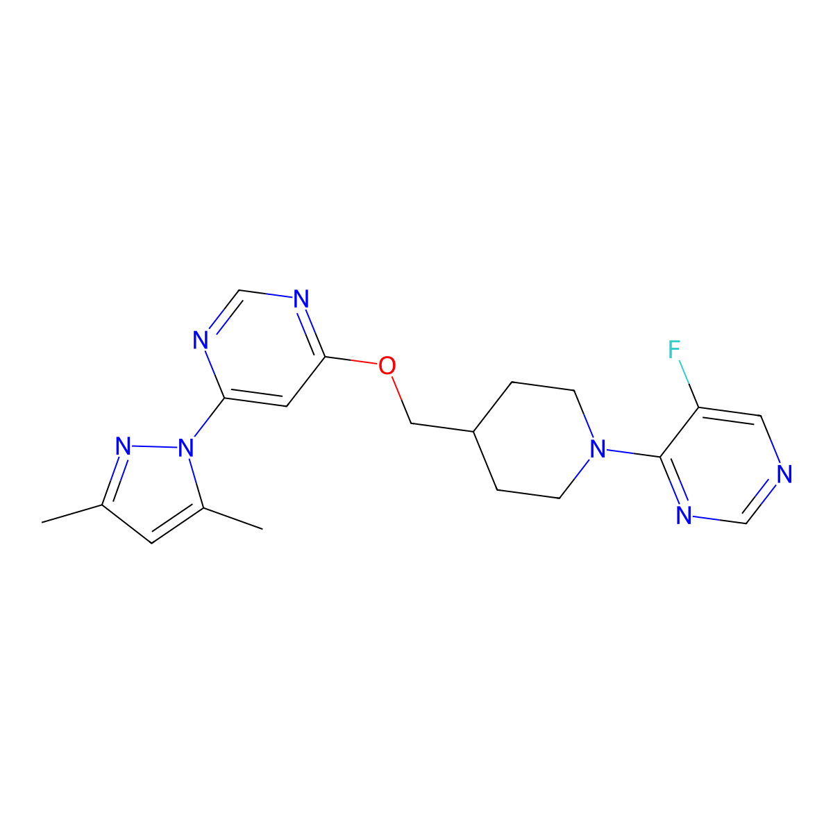 4-(3,5-dimethyl-1H-pyrazol-1-yl)-6-{[1-(5-fluoropyrimidin-4-yl)piperidin-4-yl]methoxy}pyrimidine molecular structure, CAS 2379985-01-8