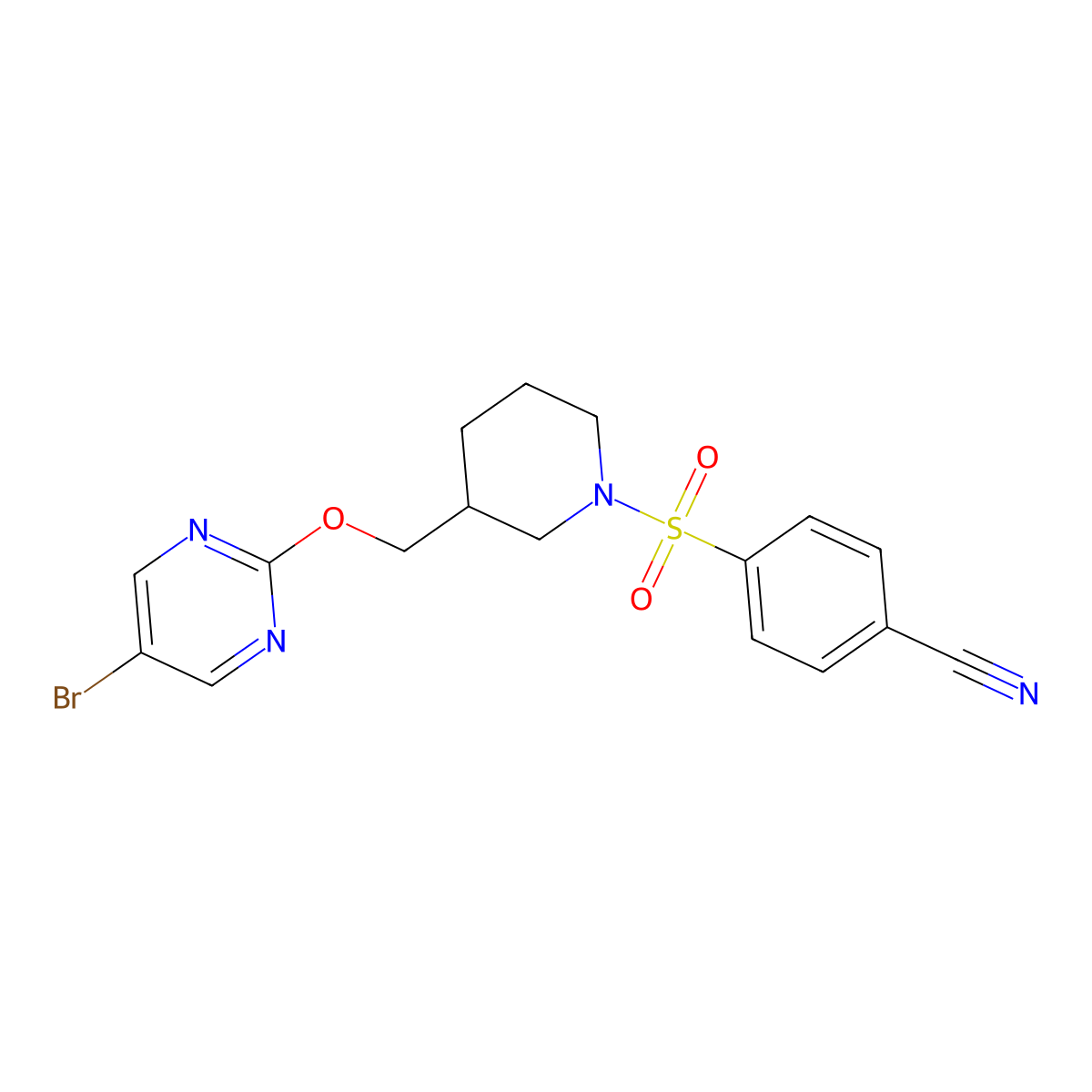 4-[(3-{[(5-Bromopyrimidin-2-yl)oxy]methyl}piperidin-1-yl)sulfonyl]benzonitrile molecular structure, CAS 2379985-07-4