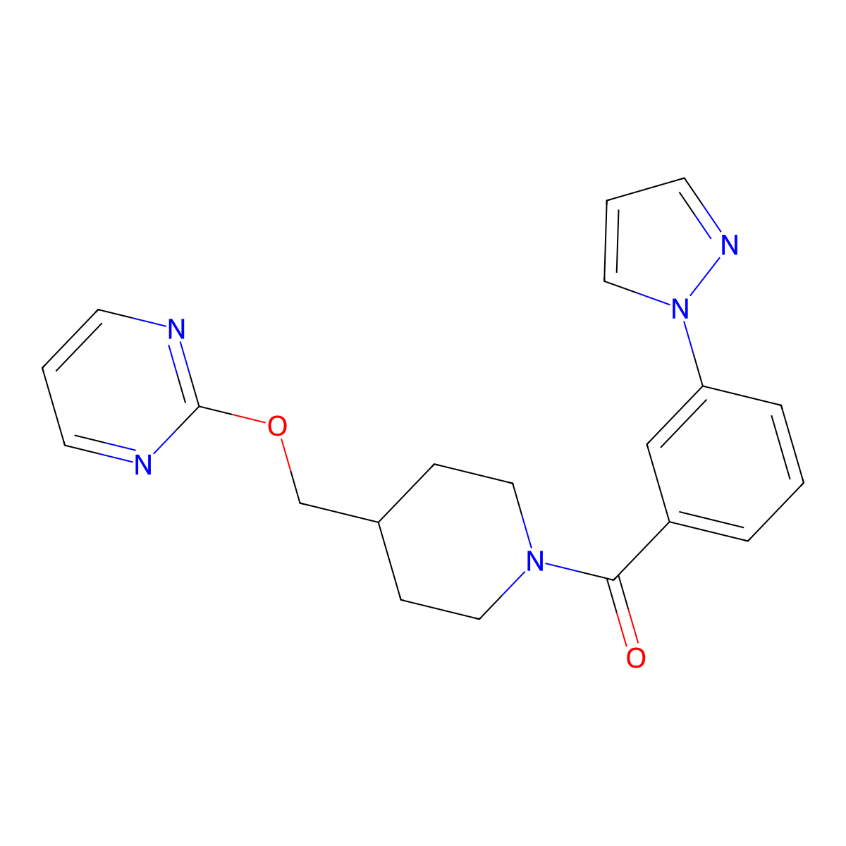 2-({1-[3-(1H-pyrazol-1-yl)benzoyl]piperidin-4-yl}methoxy)pyrimidine molecular structure, CAS 2379985-11-0