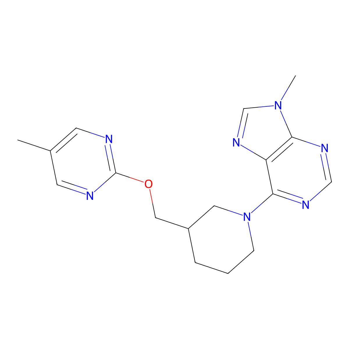 9-methyl-6-(3-{[(5-methylpyrimidin-2-yl)oxy]methyl}piperidin-1-yl)-9H-purine molecular structure, CAS 2379985-27-8
