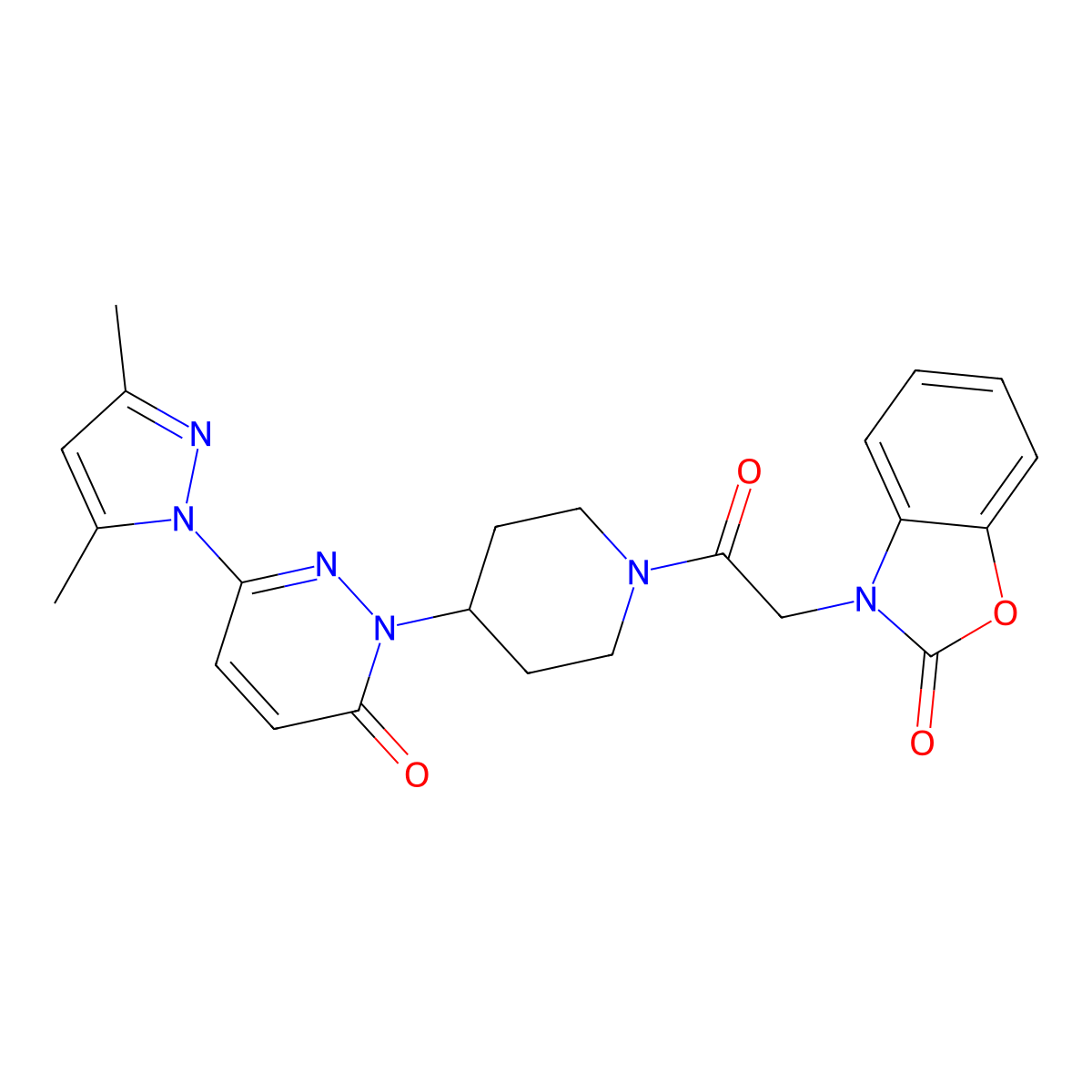 3-(2-{4-[3-(3,5-dimethyl-1H-pyrazol-1-yl)-6-oxo-1,6-dihydropyridazin-1-yl]piperidin-1-yl}-2-oxoethyl)-2,3-dihydro-1,3-benzoxazol-2-one molecular structure, CAS 2379985-28-9
