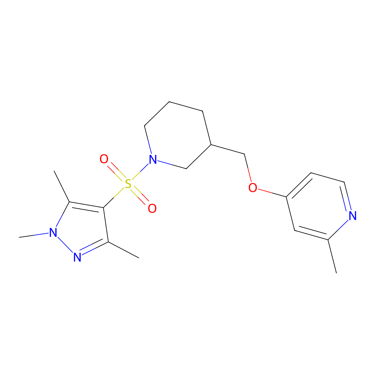 2-methyl-4-({1-[(1,3,5-trimethyl-1H-pyrazol-4-yl)sulfonyl]piperidin-3-yl}methoxy)pyridine molecular structure, CAS 2379985-30-3