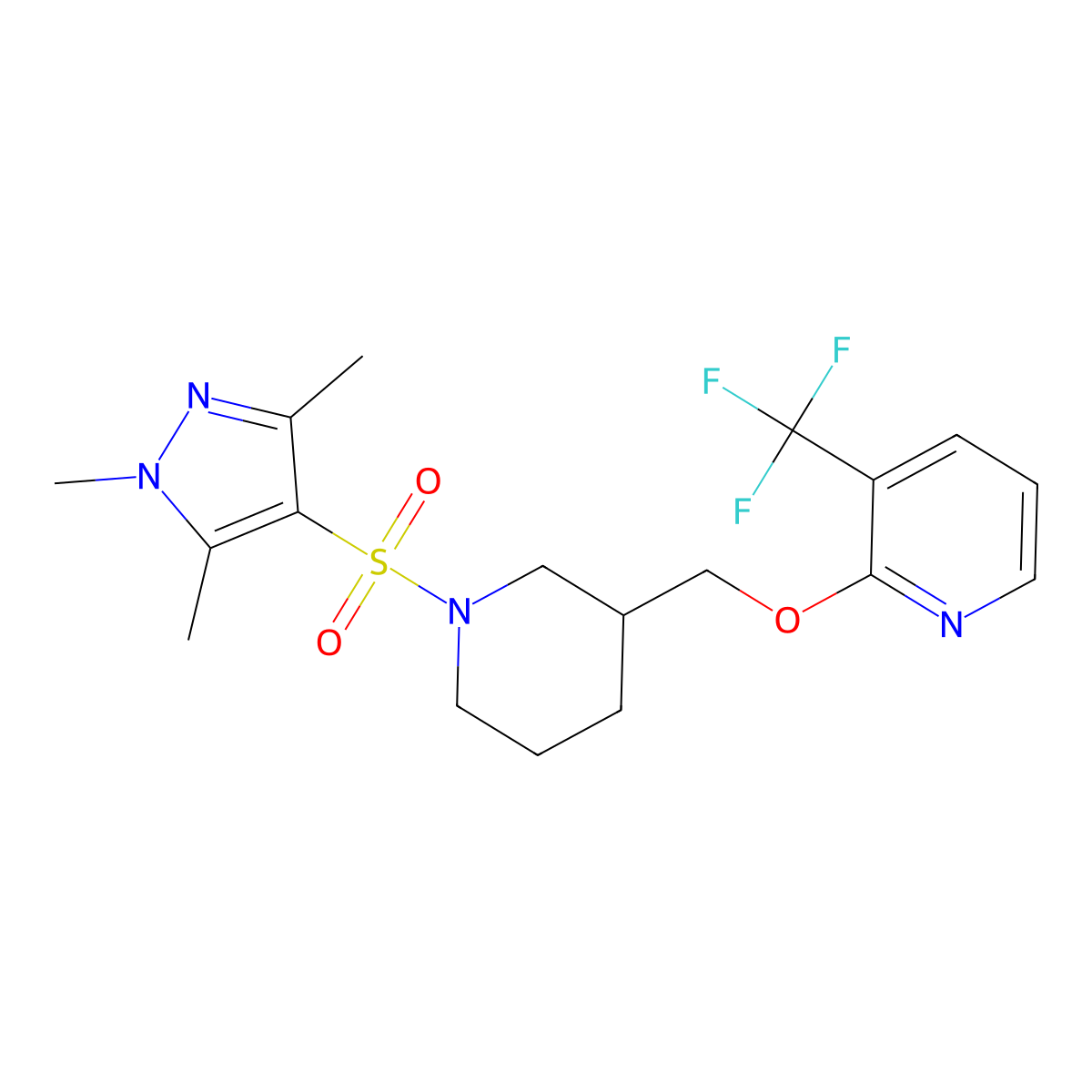 3-(trifluoromethyl)-2-({1-[(1,3,5-trimethyl-1H-pyrazol-4-yl)sulfonyl]piperidin-3-yl}methoxy)pyridine molecular structure, CAS 2379985-49-4