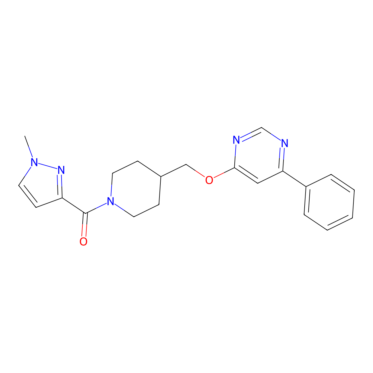 4-{[1-(1-methyl-1H-pyrazole-3-carbonyl)piperidin-4-yl]methoxy}-6-phenylpyrimidine molecular structure, CAS 2379985-55-2