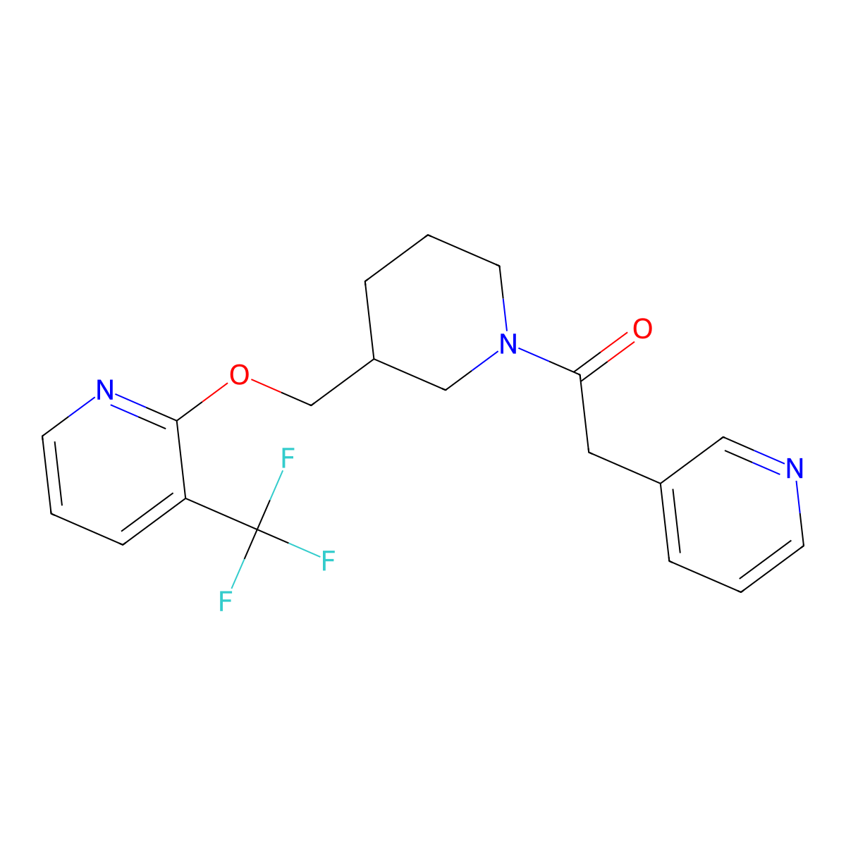 2-(Pyridin-3-yl)-1-[3-({[3-(trifluoromethyl)pyridin-2-yl]oxy}methyl)piperidin-1-yl]ethan-1-one molecular structure, CAS 2379985-63-2