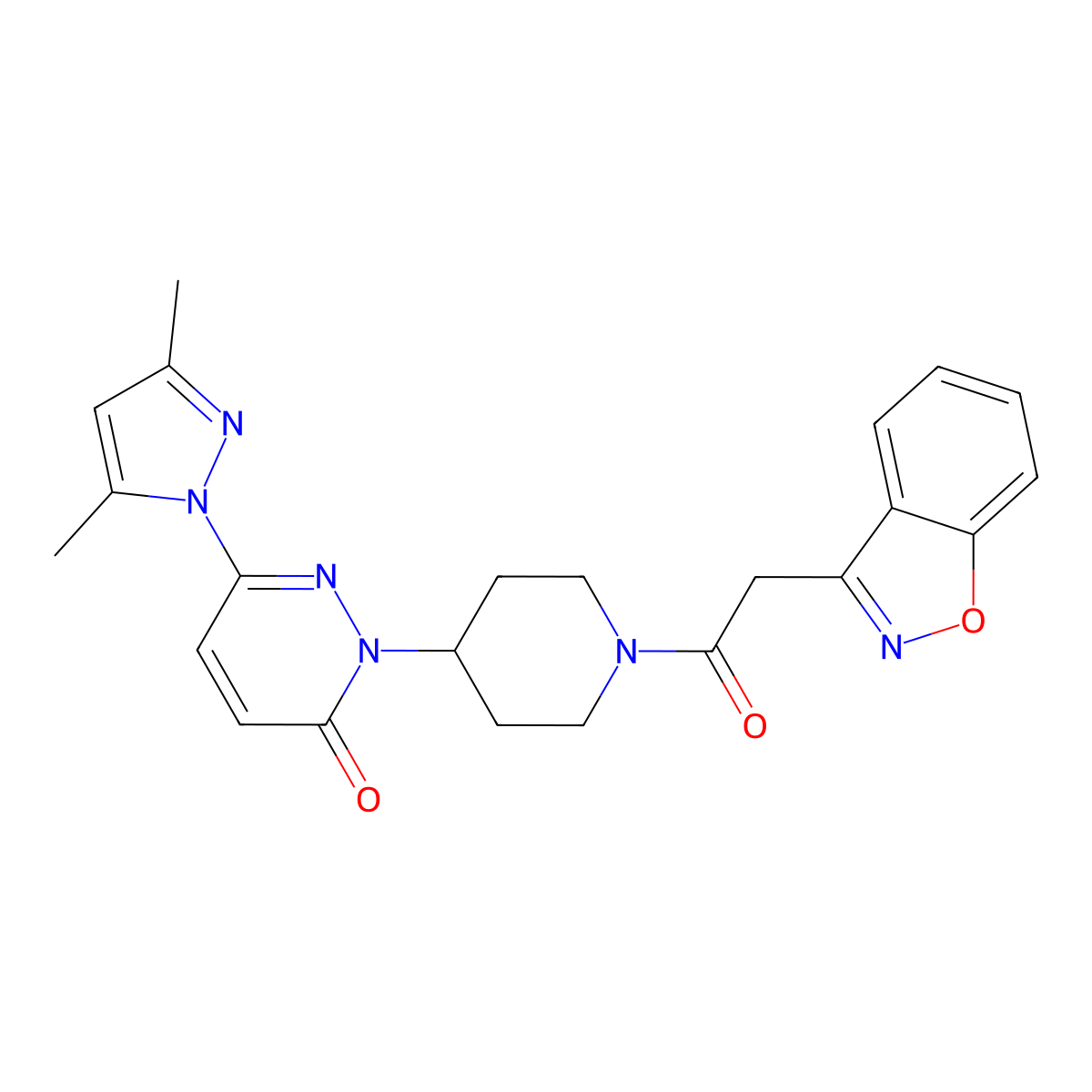 2-{1-[2-(1,2-benzoxazol-3-yl)acetyl]piperidin-4-yl}-6-(3,5-dimethyl-1H-pyrazol-1-yl)-2,3-dihydropyridazin-3-one molecular structure, CAS 2379985-67-6