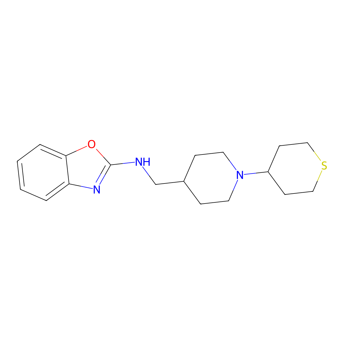 N-{[1-(thian-4-yl)piperidin-4-yl]methyl}-1,3-benzoxazol-2-amine molecular structure, CAS 2379985-69-8