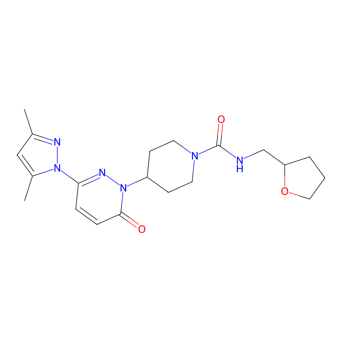 4-[3-(3,5-dimethyl-1H-pyrazol-1-yl)-6-oxo-1,6-dihydropyridazin-1-yl]-N-[(oxolan-2-yl)methyl]piperidine-1-carboxamide molecular structure, CAS 2379985-70-1