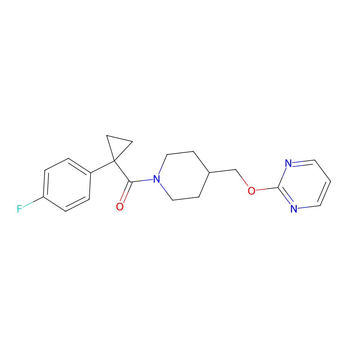 2-({1-[1-(4-Fluorophenyl)cyclopropanecarbonyl]piperidin-4-yl}methoxy)pyrimidine molecular structure, CAS 2379985-75-6