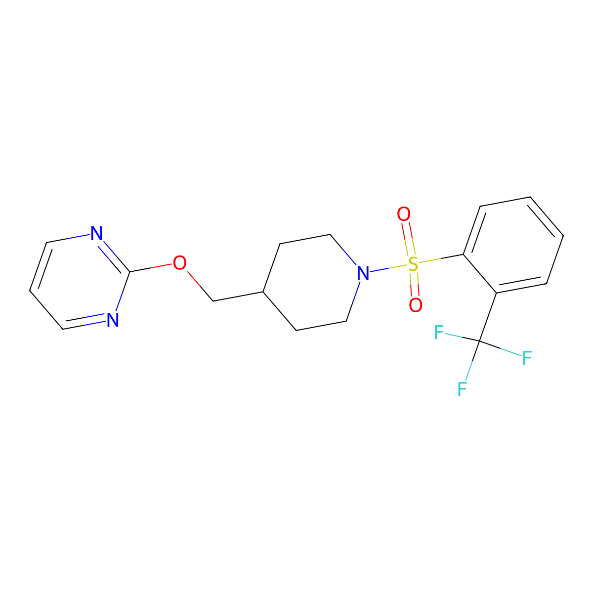 2-({1-[2-(Trifluoromethyl)benzenesulfonyl]piperidin-4-yl}methoxy)pyrimidine molecular structure, CAS 2379985-88-1