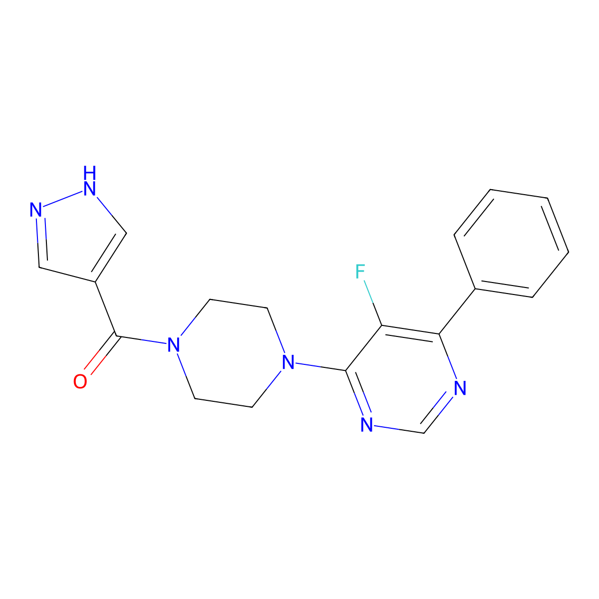 5-fluoro-4-phenyl-6-[4-(1H-pyrazole-4-carbonyl)piperazin-1-yl]pyrimidine molecular structure, CAS 2379985-95-0