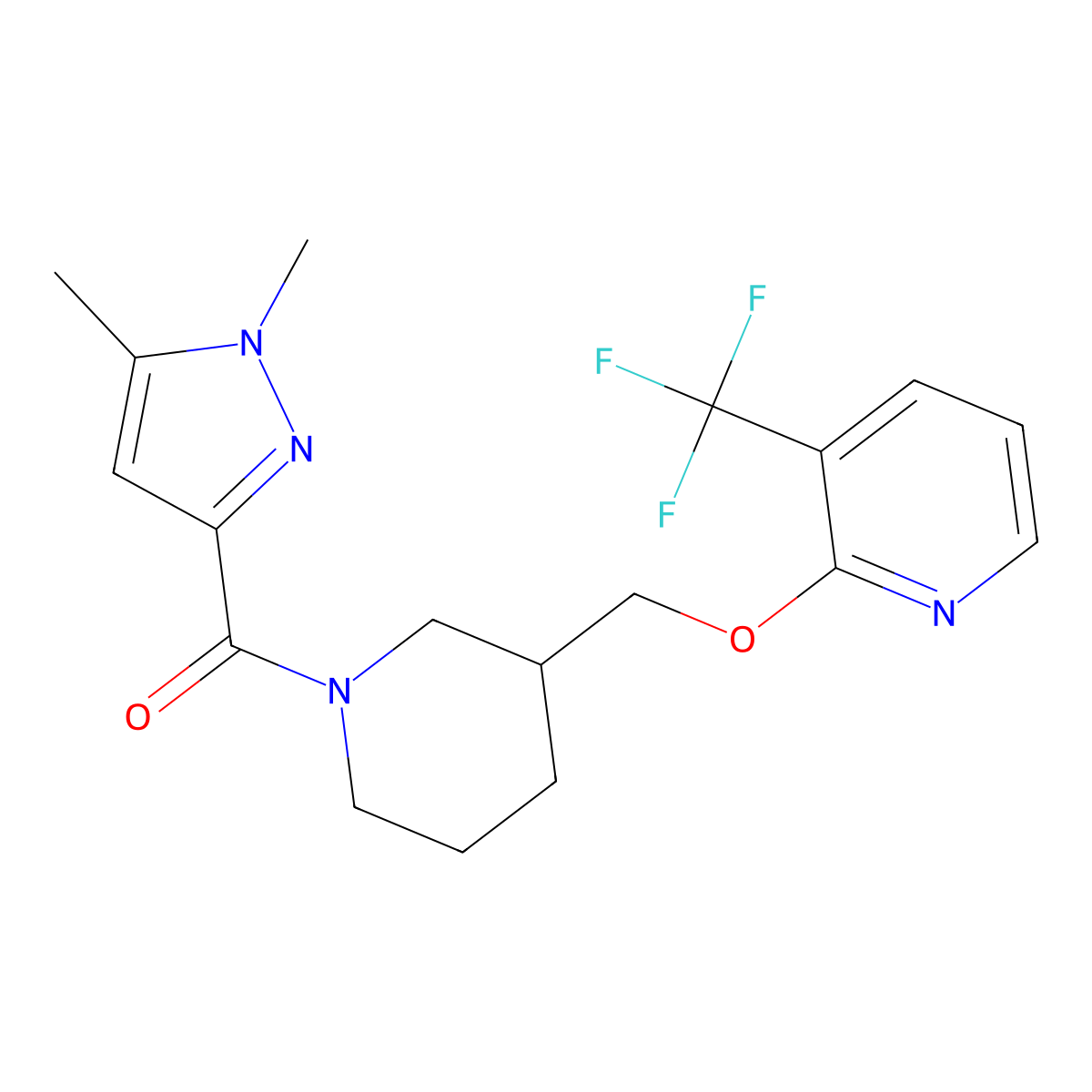 2-{[1-(1,5-dimethyl-1H-pyrazole-3-carbonyl)piperidin-3-yl]methoxy}-3-(trifluoromethyl)pyridine molecular structure, CAS 2379986-08-8