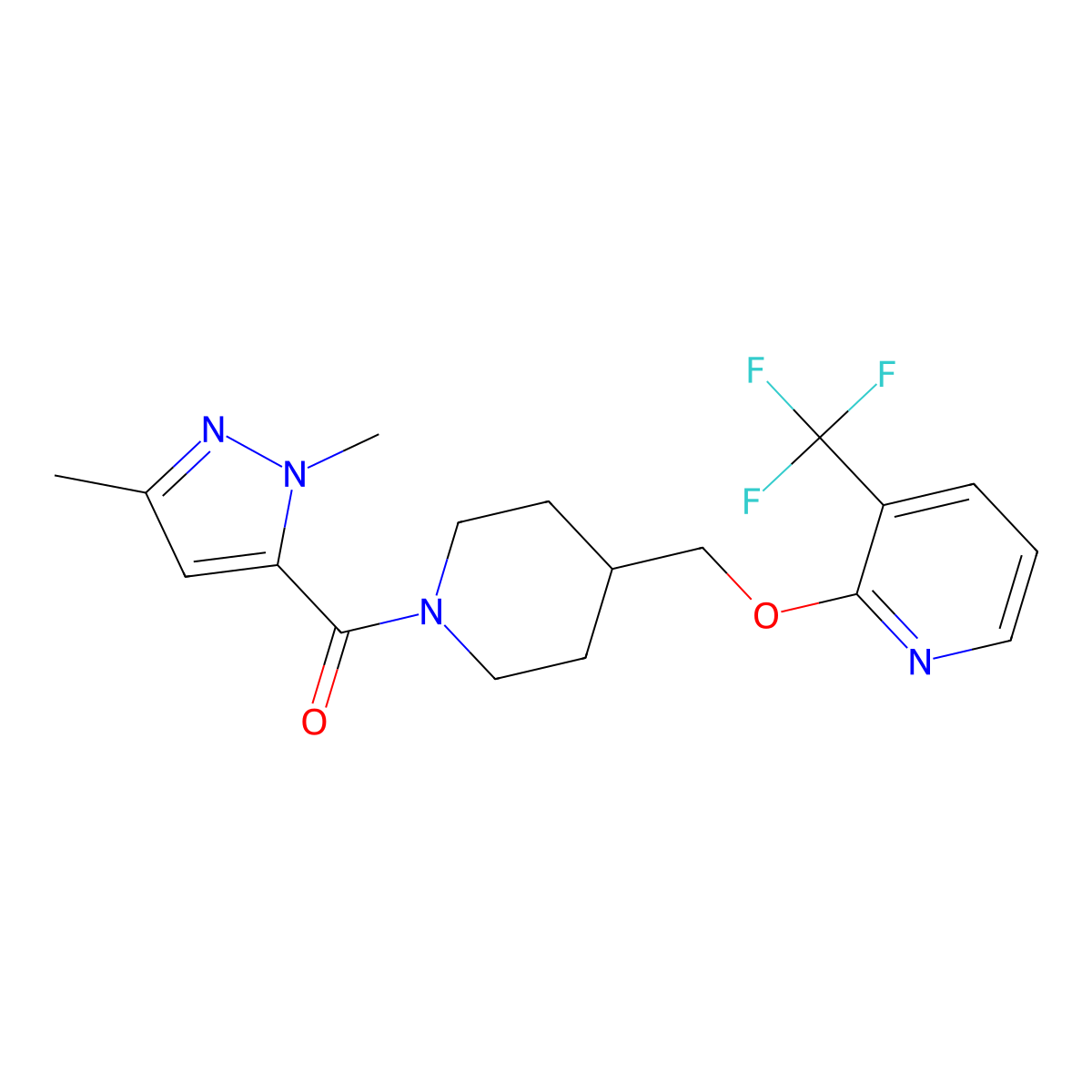 2-{[1-(1,3-dimethyl-1H-pyrazole-5-carbonyl)piperidin-4-yl]methoxy}-3-(trifluoromethyl)pyridine molecular structure, CAS 2379986-13-5