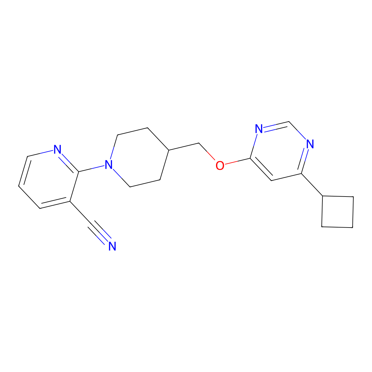 2-(4-{[(6-Cyclobutylpyrimidin-4-yl)oxy]methyl}piperidin-1-yl)pyridine-3-carbonitrile molecular structure, CAS 2379986-16-8