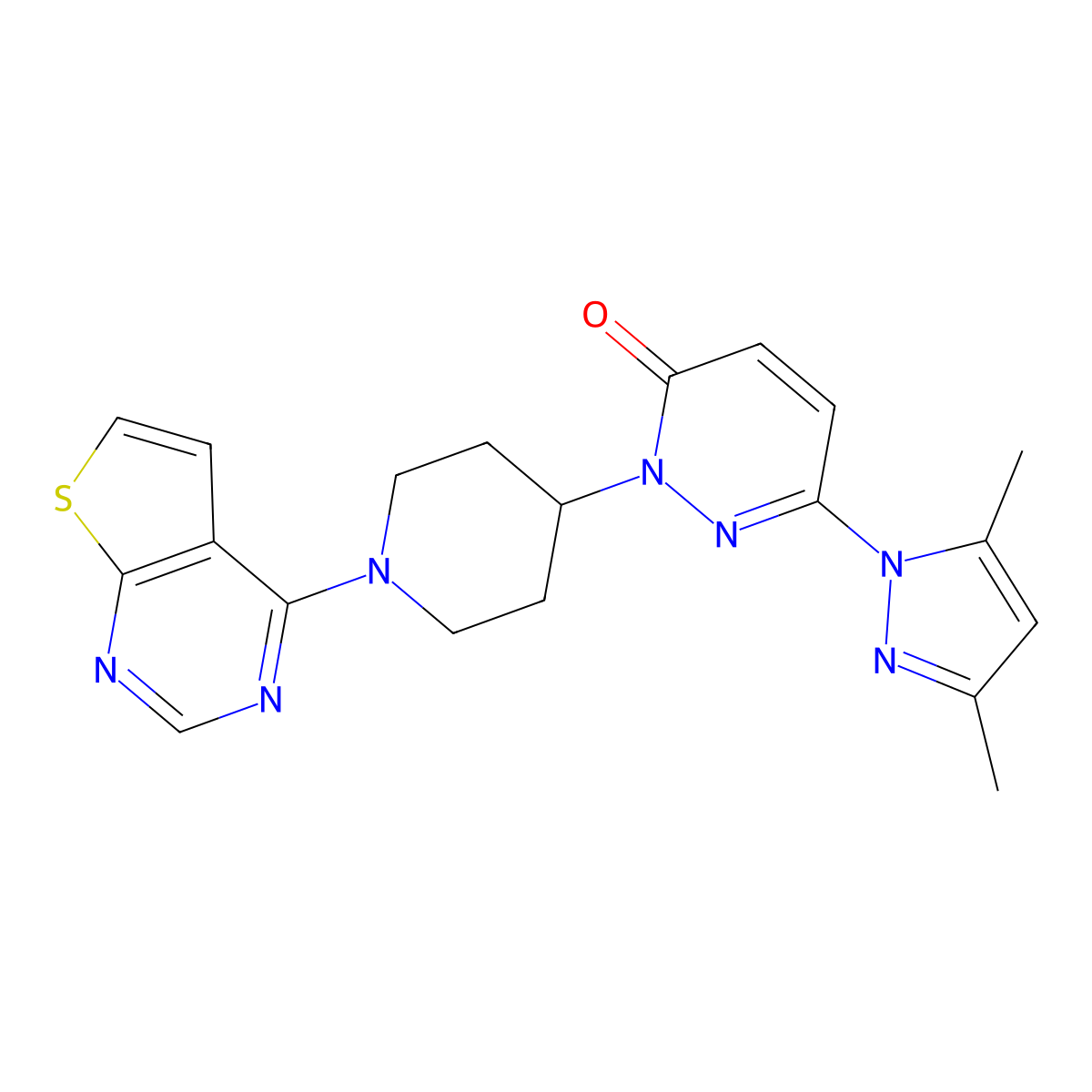 6-(3,5-dimethyl-1H-pyrazol-1-yl)-2-(1-{thieno[2,3-d]pyrimidin-4-yl}piperidin-4-yl)-2,3-dihydropyridazin-3-one molecular structure, CAS 2379986-21-5