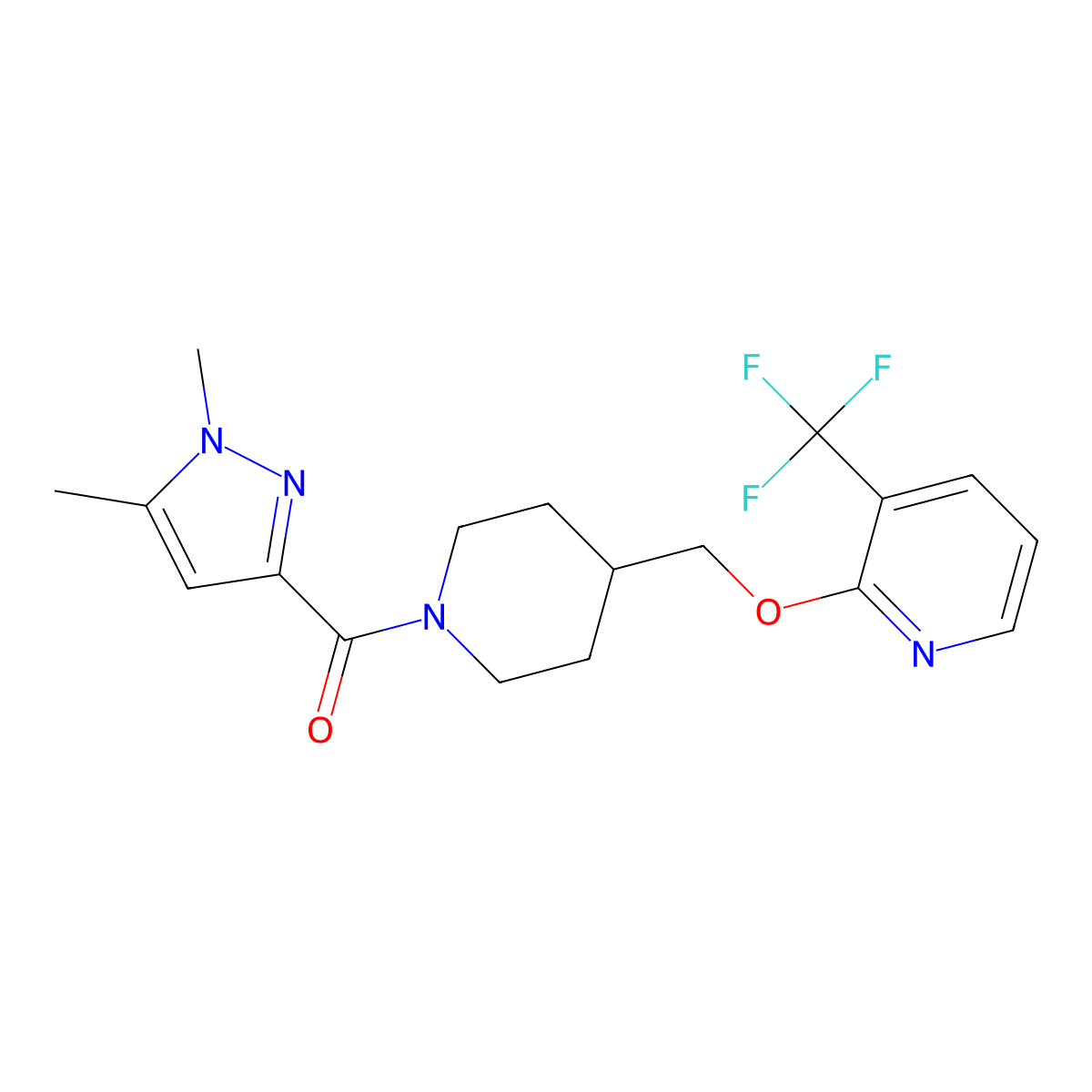 2-{[1-(1,5-dimethyl-1H-pyrazole-3-carbonyl)piperidin-4-yl]methoxy}-3-(trifluoromethyl)pyridine molecular structure, CAS 2379986-22-6