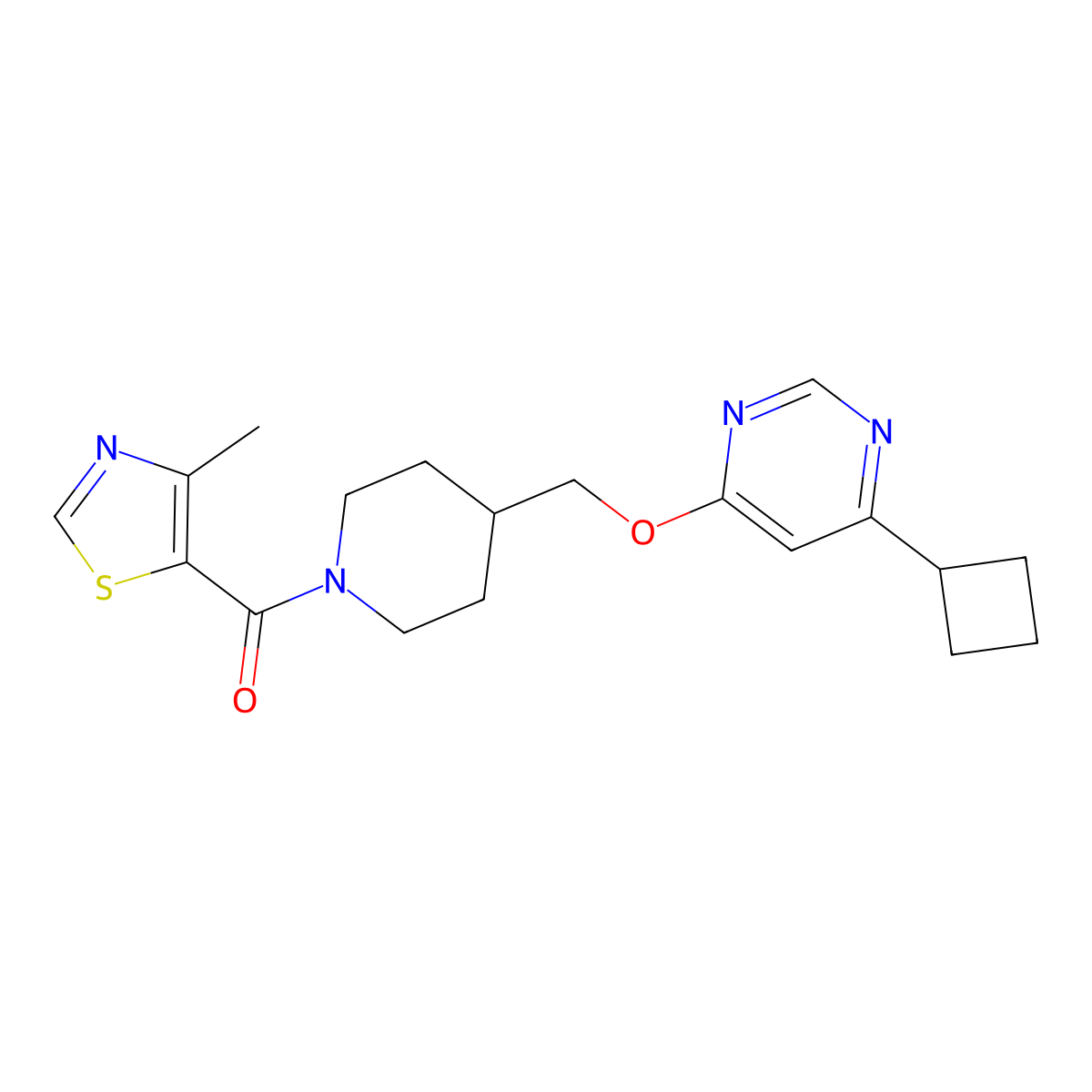 4-Cyclobutyl-6-{[1-(4-methyl-1,3-thiazole-5-carbonyl)piperidin-4-yl]methoxy}pyrimidine molecular structure, CAS 2379986-27-1