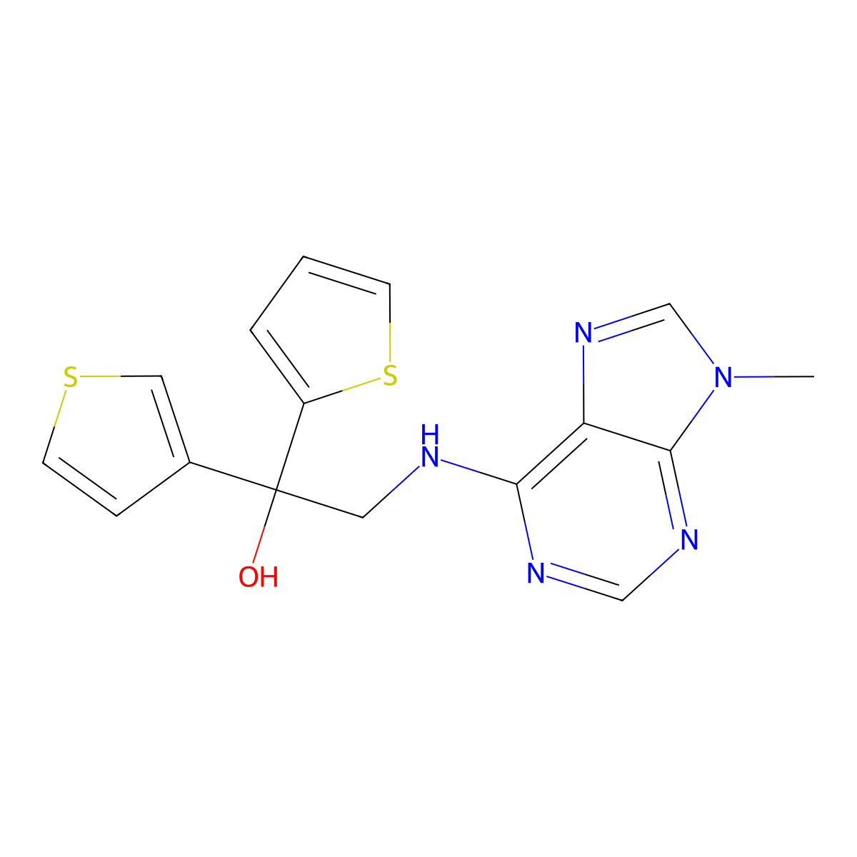 2-[(9-methyl-9H-purin-6-yl)amino]-1-(thiophen-2-yl)-1-(thiophen-3-yl)ethan-1-ol molecular structure, CAS 2379986-28-2