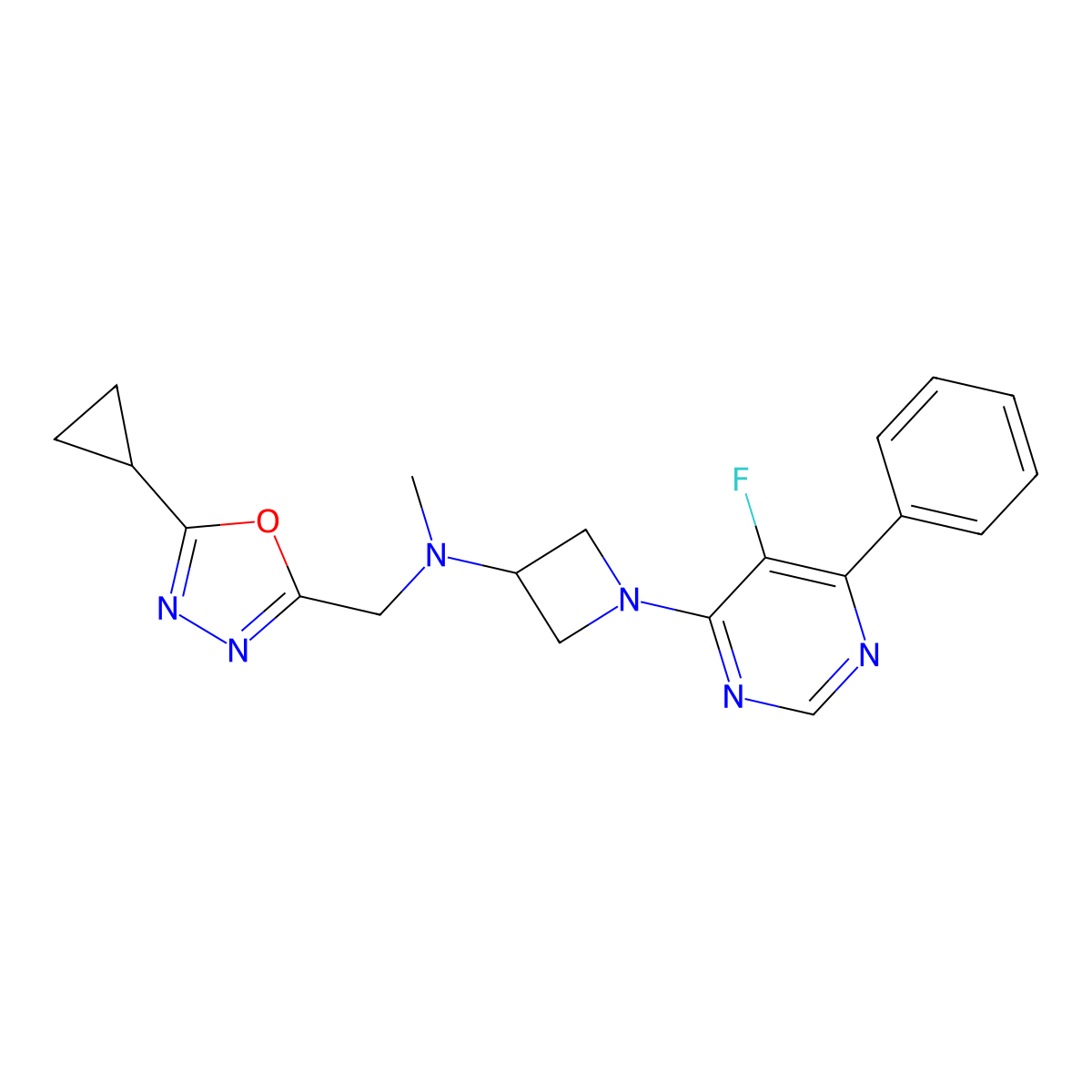 N-[(5-Cyclopropyl-1,3,4-oxadiazol-2-yl)methyl]-1-(5-fluoro-6-phenylpyrimidin-4-yl)-N-methylazetidin-3-amine molecular structure, CAS 2379986-33-9
