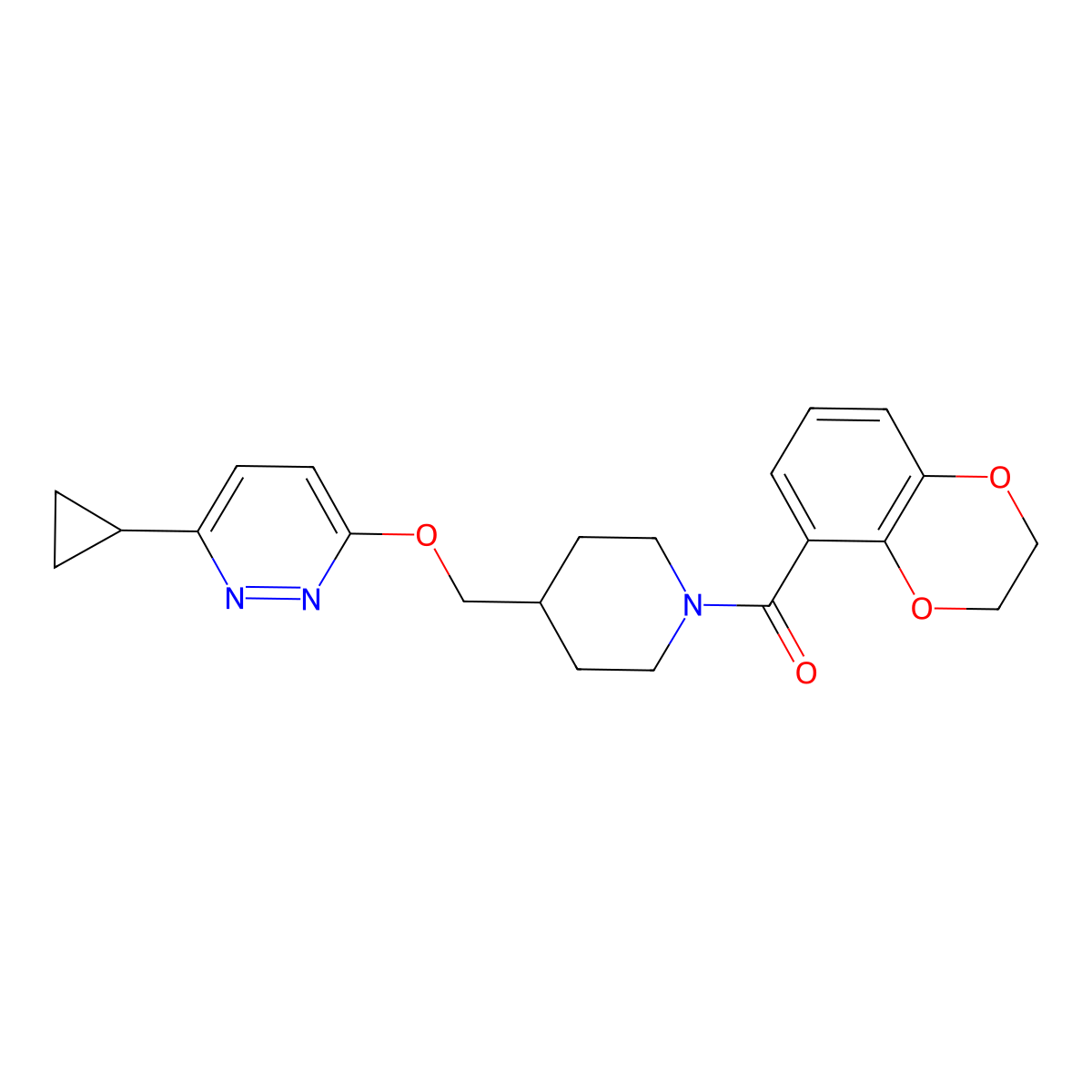 3-Cyclopropyl-6-{[1-(2,3-dihydro-1,4-benzodioxine-5-carbonyl)piperidin-4-yl]methoxy}pyridazine molecular structure, CAS 2379986-46-4