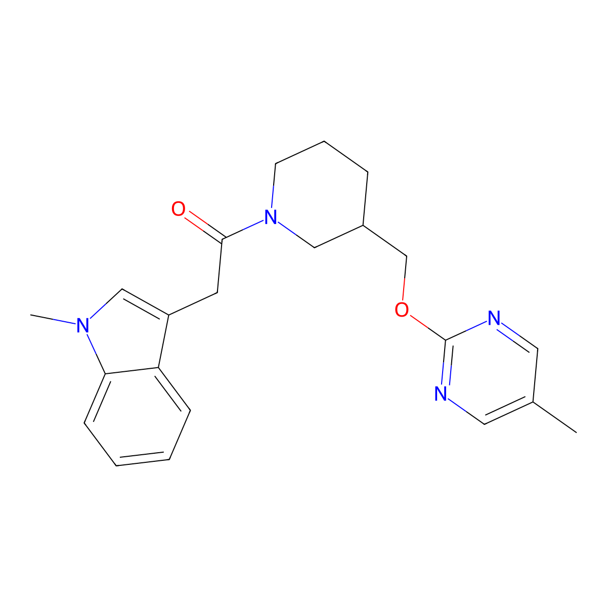 2-(1-methyl-1H-indol-3-yl)-1-(3-{[(5-methylpyrimidin-2-yl)oxy]methyl}piperidin-1-yl)ethan-1-one molecular structure, CAS 2379986-50-0