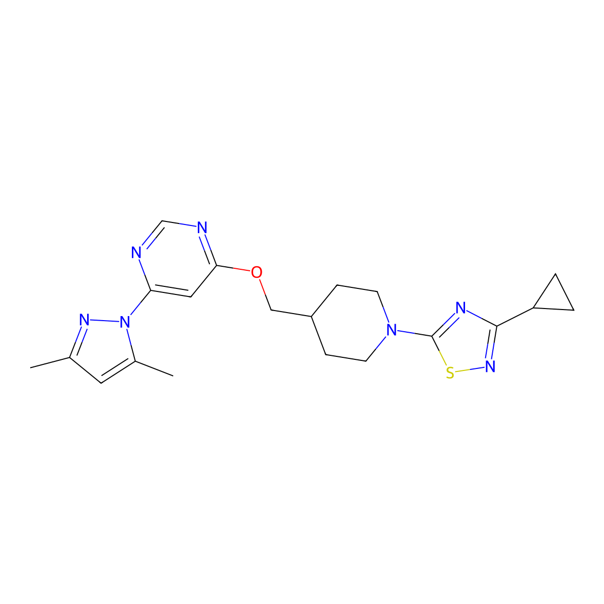 4-{[1-(3-cyclopropyl-1,2,4-thiadiazol-5-yl)piperidin-4-yl]methoxy}-6-(3,5-dimethyl-1H-pyrazol-1-yl)pyrimidine molecular structure, CAS 2379986-51-1