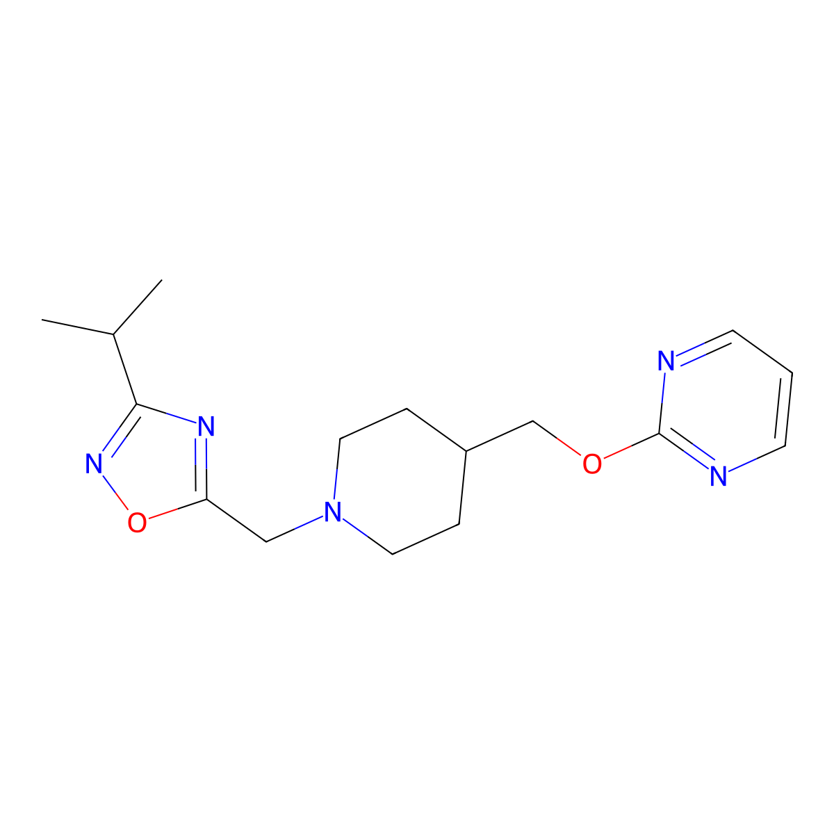 2-[(1-{[3-(Propan-2-yl)-1,2,4-oxadiazol-5-yl]methyl}piperidin-4-yl)methoxy]pyrimidine molecular structure, CAS 2379986-64-6