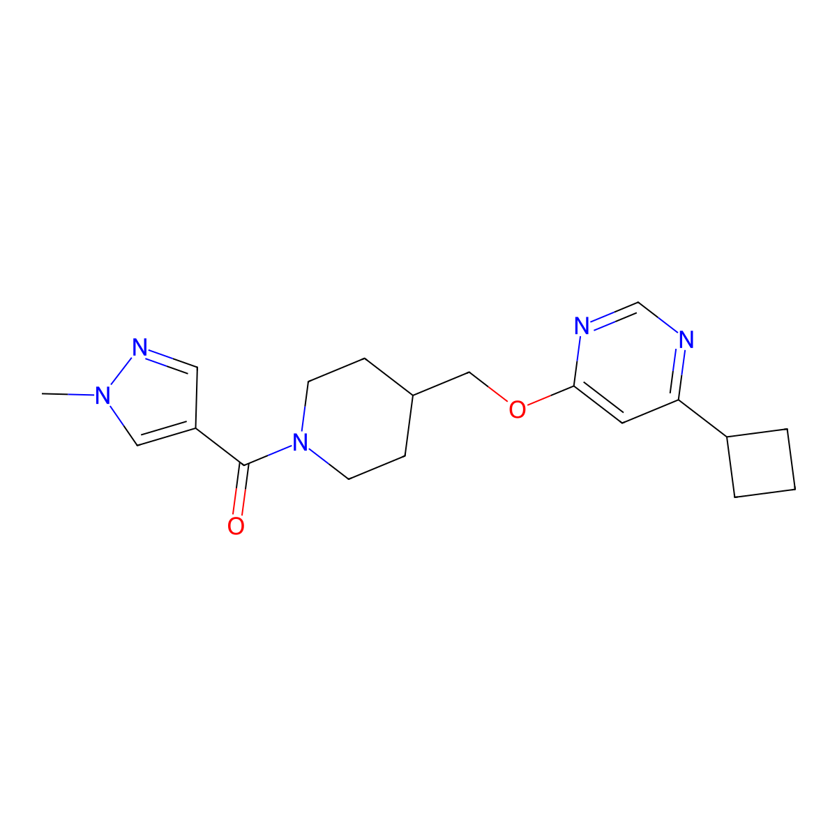 4-cyclobutyl-6-{[1-(1-methyl-1H-pyrazole-4-carbonyl)piperidin-4-yl]methoxy}pyrimidine molecular structure, CAS 2379986-67-9