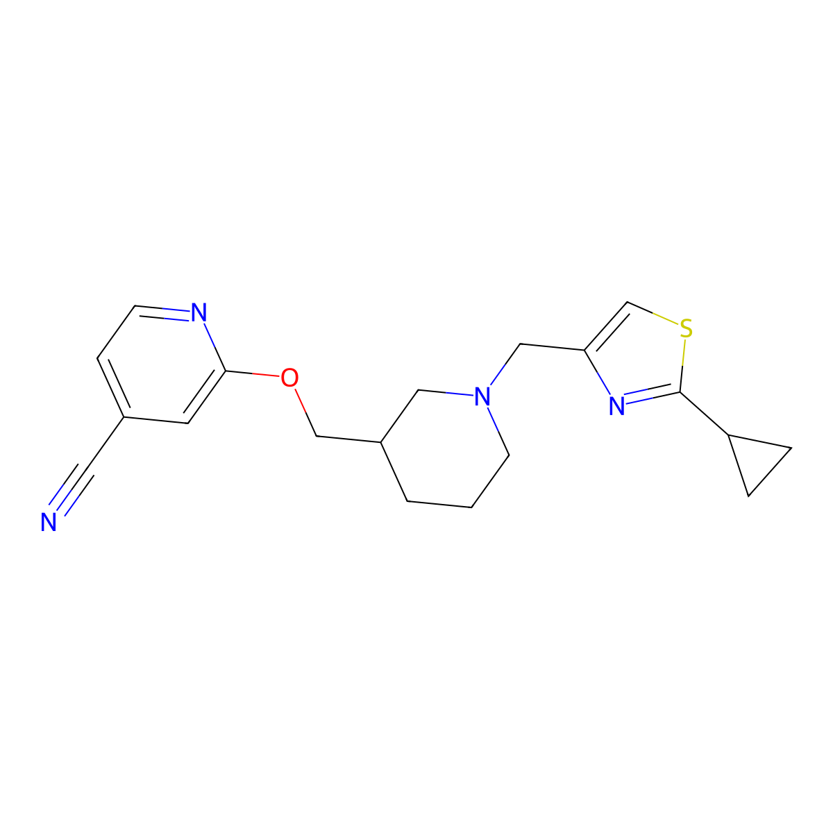 2-({1-[(2-Cyclopropyl-1,3-thiazol-4-yl)methyl]piperidin-3-yl}methoxy)pyridine-4-carbonitrile molecular structure, CAS 2379986-69-1
