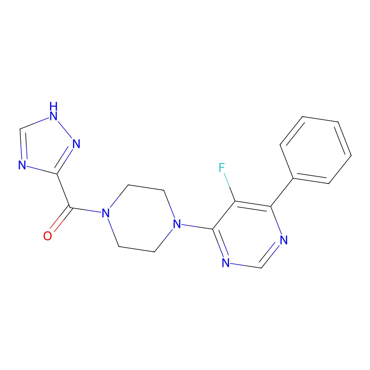 5-fluoro-4-phenyl-6-[4-(1H-1,2,4-triazole-3-carbonyl)piperazin-1-yl]pyrimidine molecular structure, CAS 2379986-72-6