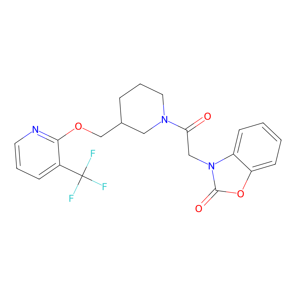 3-{2-Oxo-2-[3-({[3-(trifluoromethyl)pyridin-2-yl]oxy}methyl)piperidin-1-yl]ethyl}-2,3-dihydro-1,3-benzoxazol-2-one molecular structure, CAS 2379986-76-0