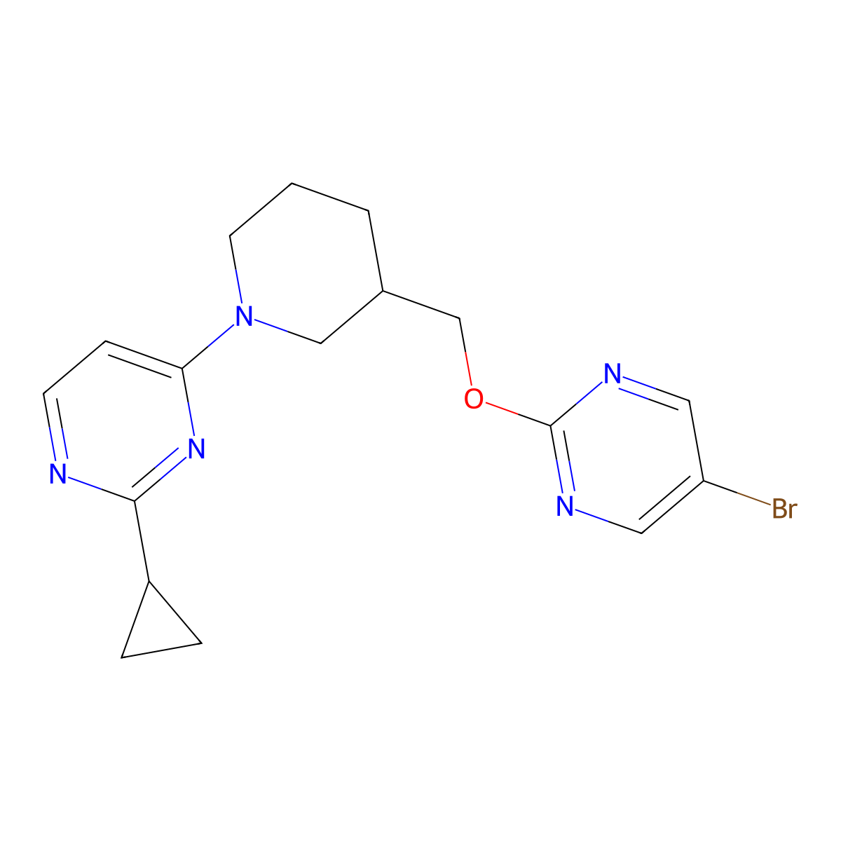 4-(3-{[(5-Bromopyrimidin-2-yl)oxy]methyl}piperidin-1-yl)-2-cyclopropylpyrimidine molecular structure, CAS 2379986-87-3