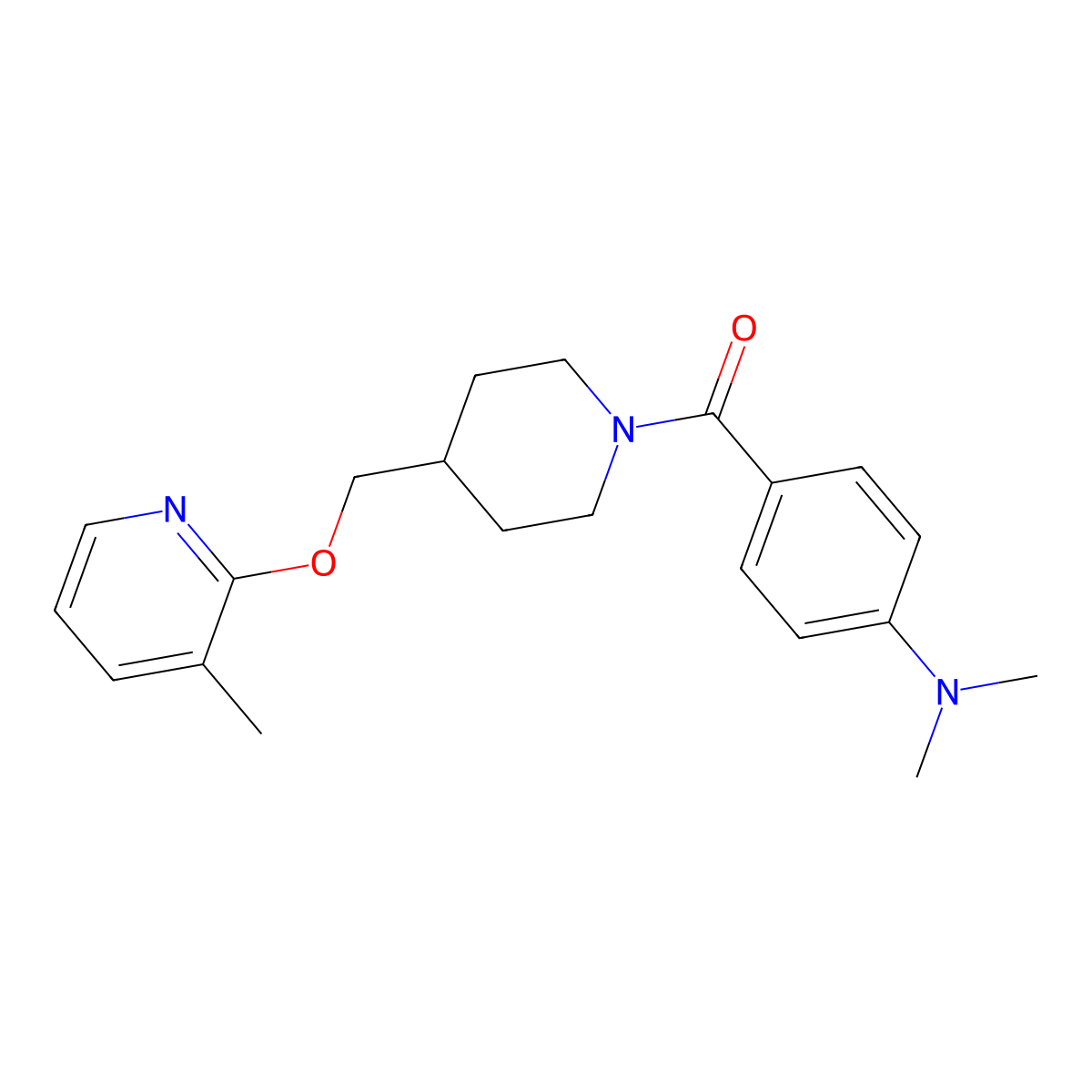 N,N-dimethyl-4-(4-{[(3-methylpyridin-2-yl)oxy]methyl}piperidine-1-carbonyl)aniline molecular structure, CAS 2379986-88-4