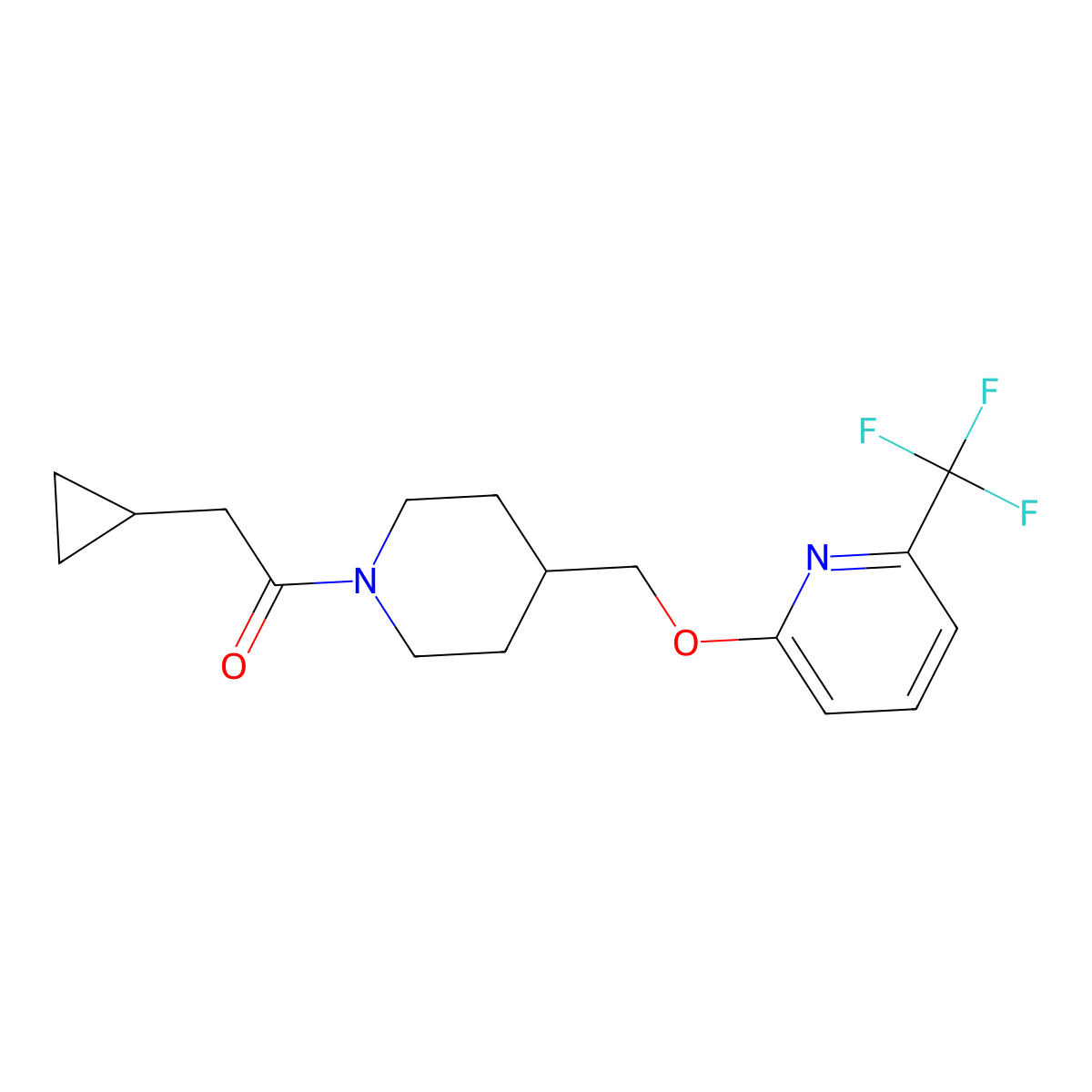 2-Cyclopropyl-1-[4-({[6-(trifluoromethyl)pyridin-2-yl]oxy}methyl)piperidin-1-yl]ethan-1-one molecular structure, CAS 2379986-91-9