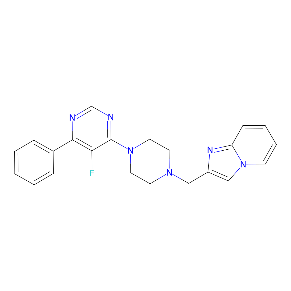 5-Fluoro-4-[4-({imidazo[1,2-a]pyridin-2-yl}methyl)piperazin-1-yl]-6-phenylpyrimidine molecular structure, CAS 2379987-06-9