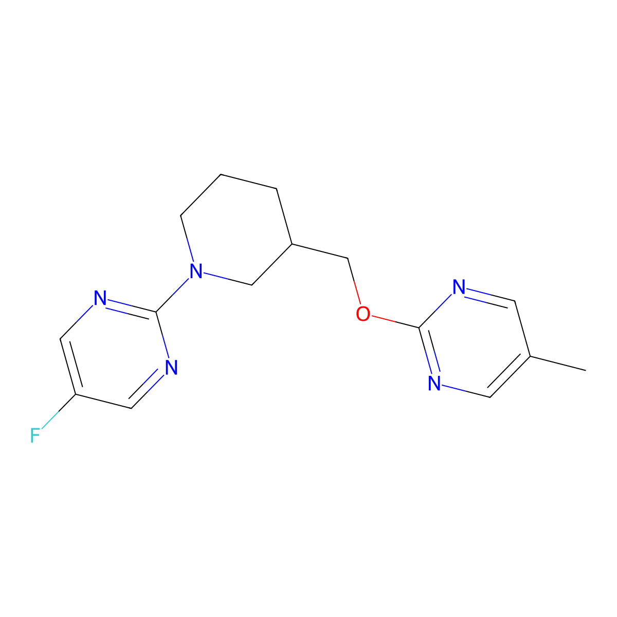 5-Fluoro-2-(3-{[(5-methylpyrimidin-2-yl)oxy]methyl}piperidin-1-yl)pyrimidine molecular structure, CAS 2379987-15-0
