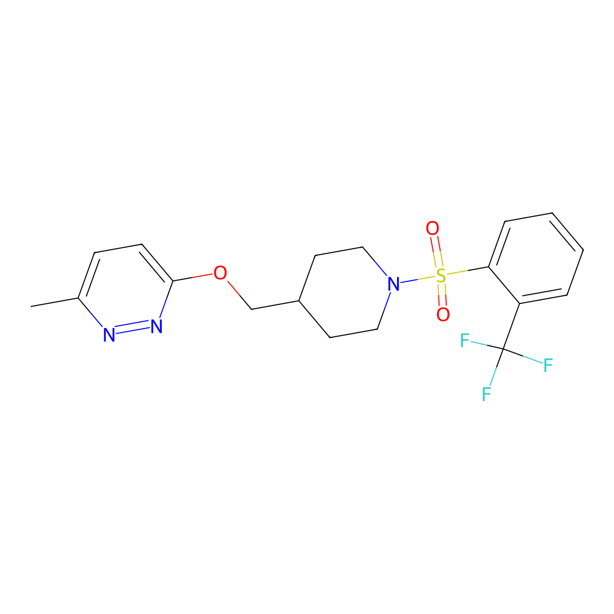 3-Methyl-6-({1-[2-(trifluoromethyl)benzenesulfonyl]piperidin-4-yl}methoxy)pyridazine molecular structure, CAS 2379987-18-3
