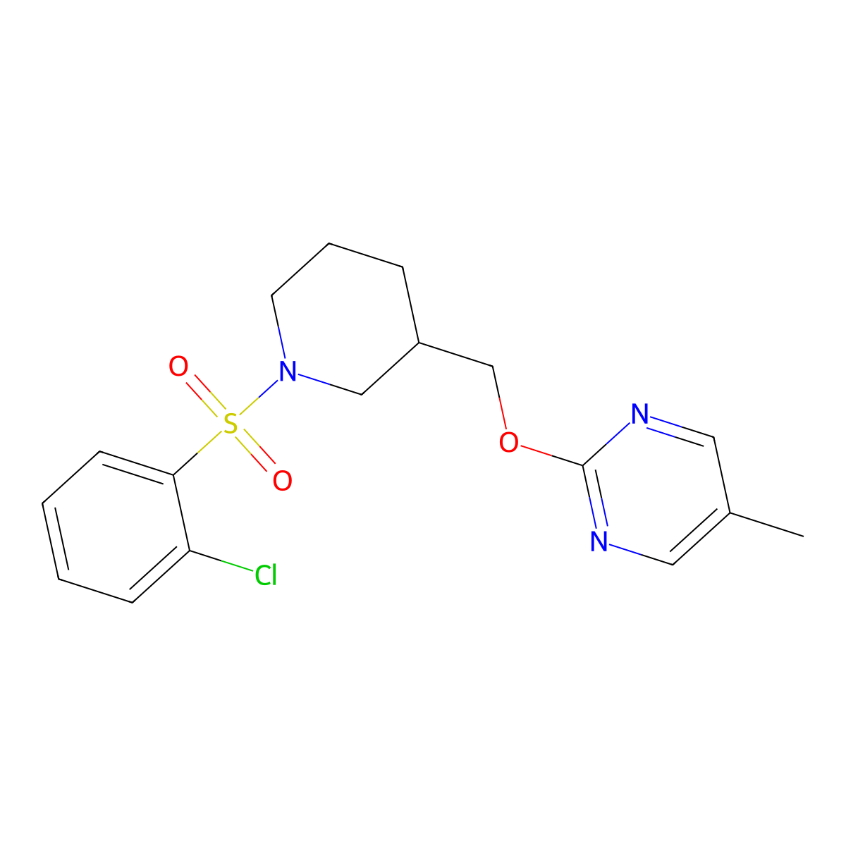 2-{[1-(2-Chlorobenzenesulfonyl)piperidin-3-yl]methoxy}-5-methylpyrimidine molecular structure, CAS 2379987-19-4